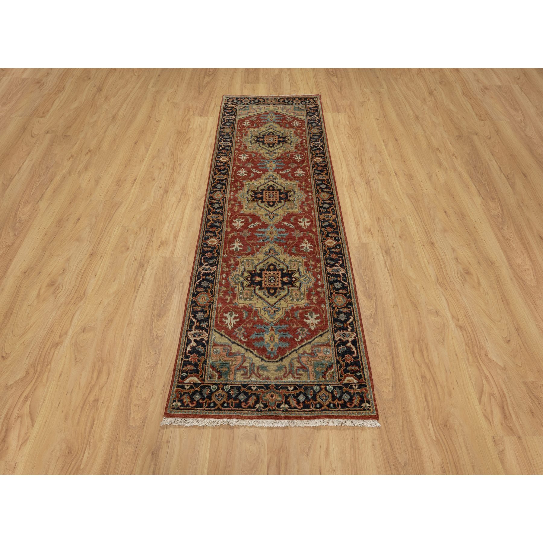 2'6"x7'9" Ruby Red, Hand Spun New Zealand Wool, Heriz Revival with Medallion Design, Densely Woven, Hand Knotted, Runner, Oriental Rug Sh91225