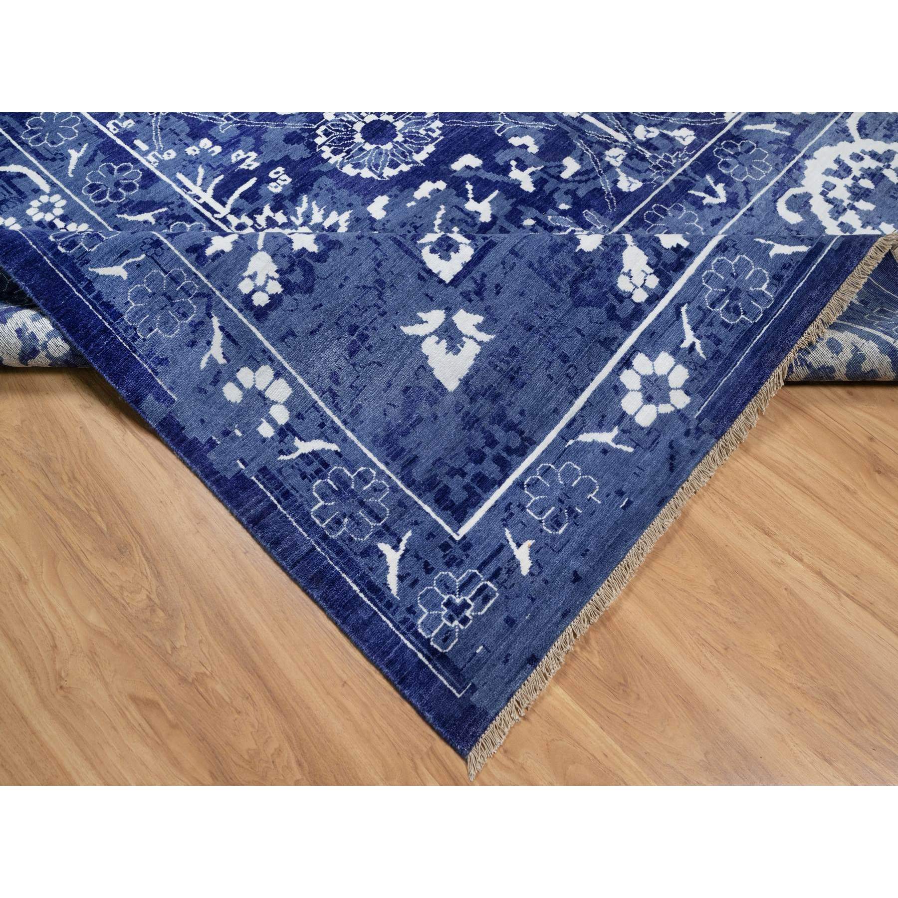 9'10"x14' Bijou Blue, Tone on Tone, Tabriz with All Over Leaf Design, Hand Knotted, Lush and Plush, Wool and Silk, Oriental Rug Sh91227