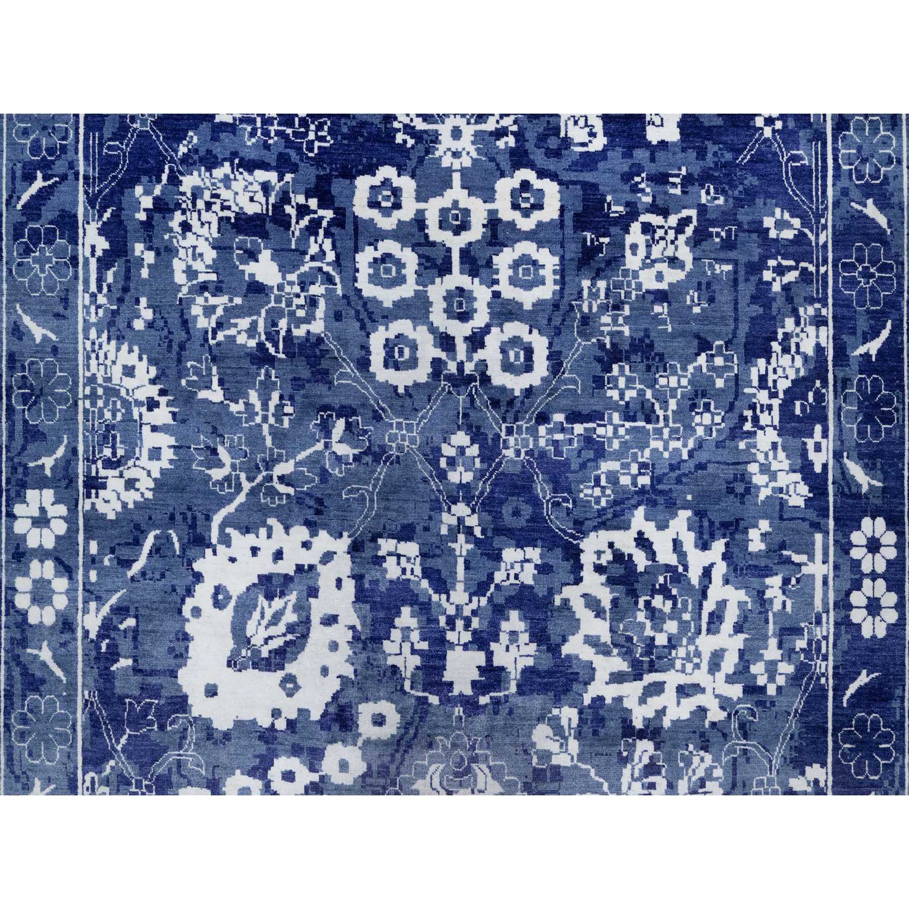 9'10"x14' Bijou Blue, Tone on Tone, Tabriz with All Over Leaf Design, Hand Knotted, Lush and Plush, Wool and Silk, Oriental Rug Sh91227