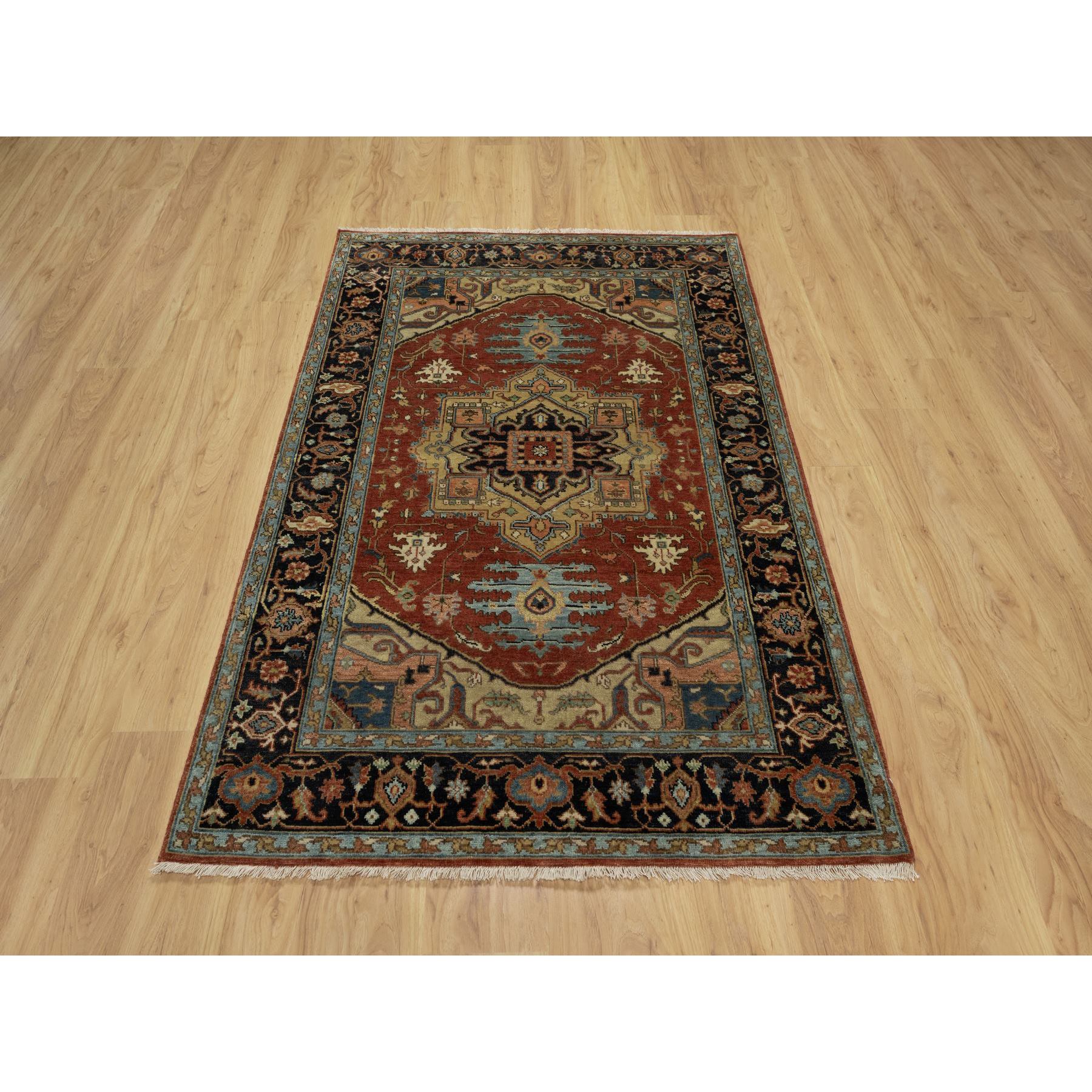 4'1"x6'1" Scarlet Red, Densely Woven, Heriz Revival with Medallion Design, Hand Spun New Zealand Wool, Hand Knotted, Oriental Rug Sh91233