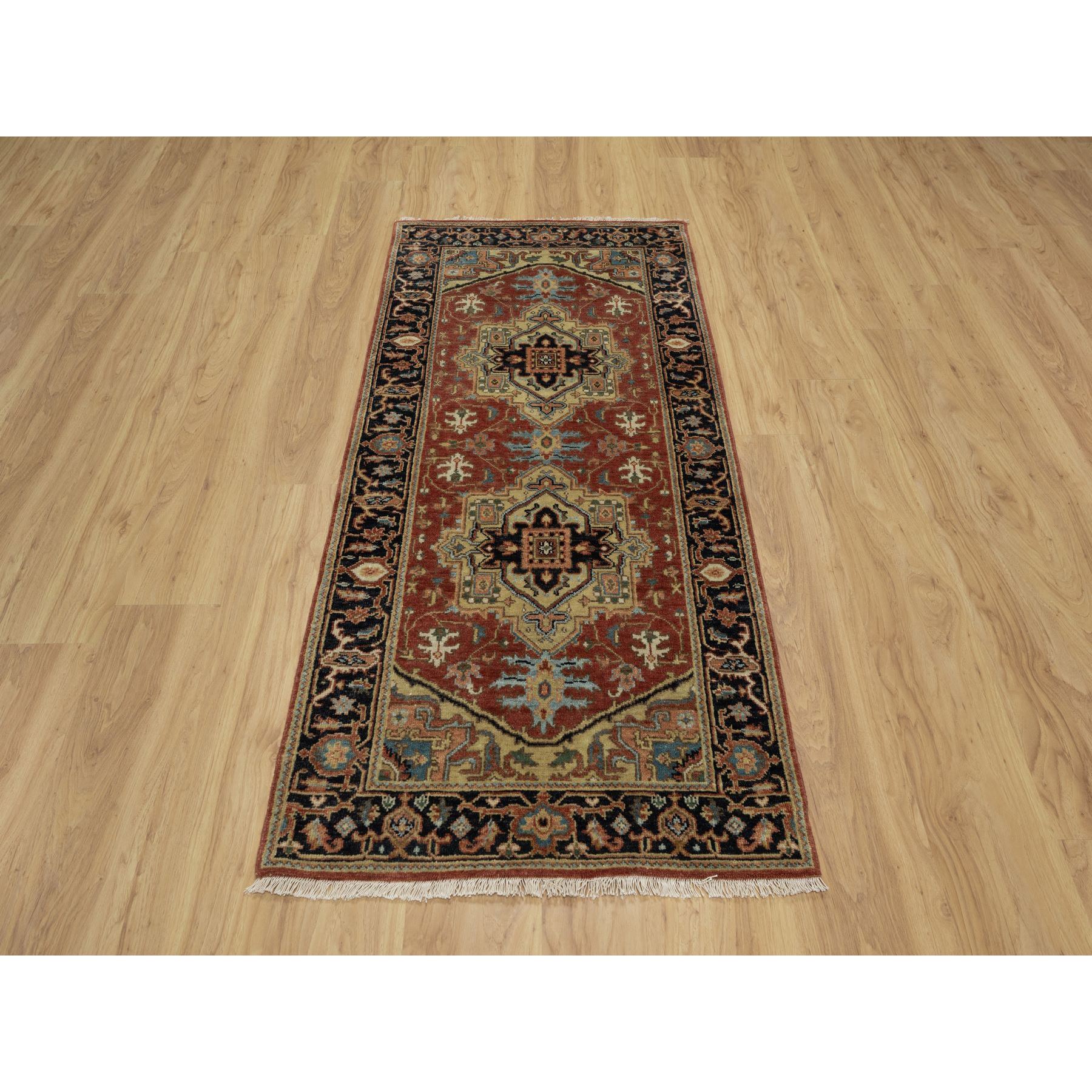 2'9"x6' Ruby Red, Heriz Revival with Medallion Design, Denser Weave, Hand Spun New Zealand Wool, Hand Knotted, Runner, Oriental Rug Sh91236