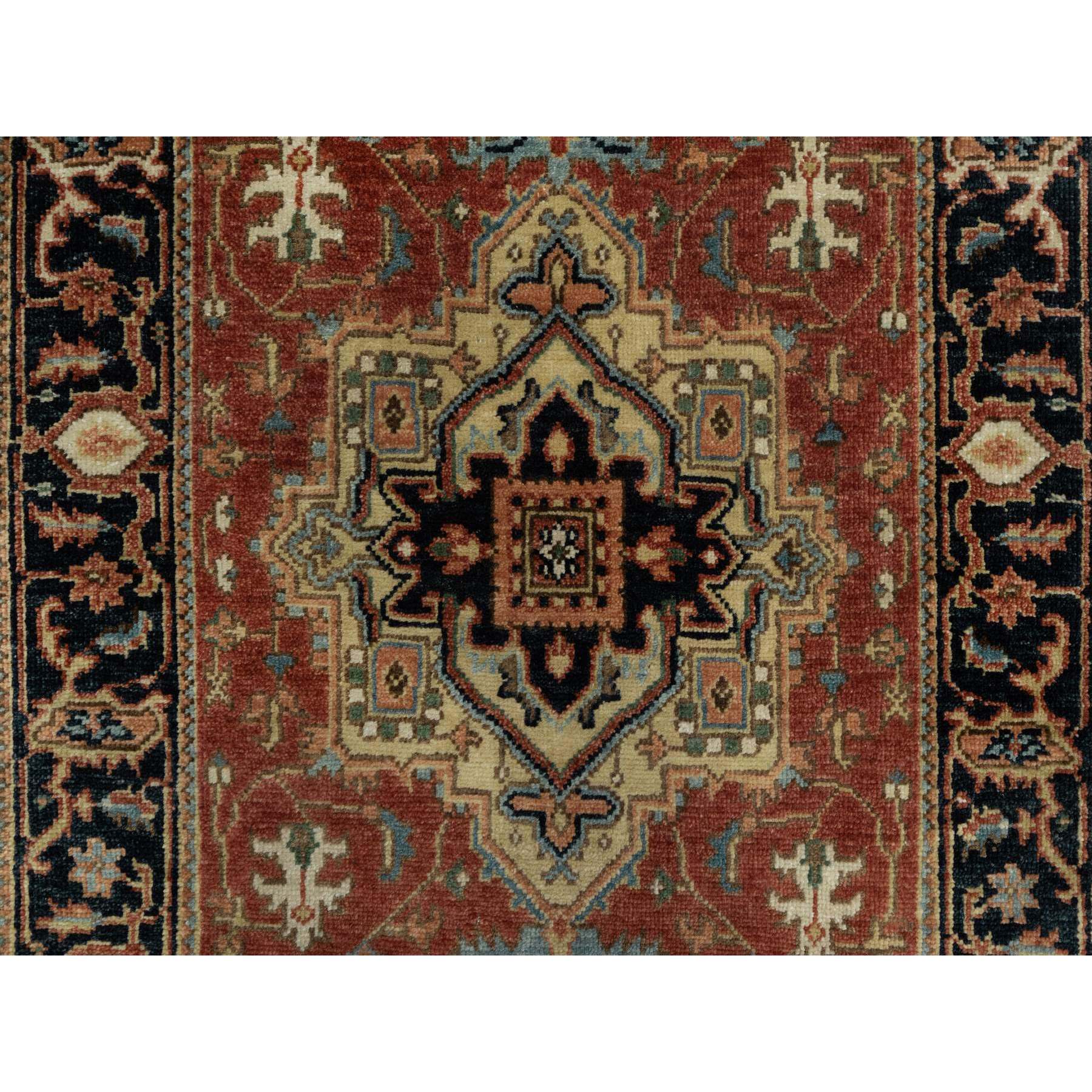 2'9"x6' Ruby Red, Heriz Revival with Medallion Design, Denser Weave, Hand Spun New Zealand Wool, Hand Knotted, Runner, Oriental Rug Sh91236