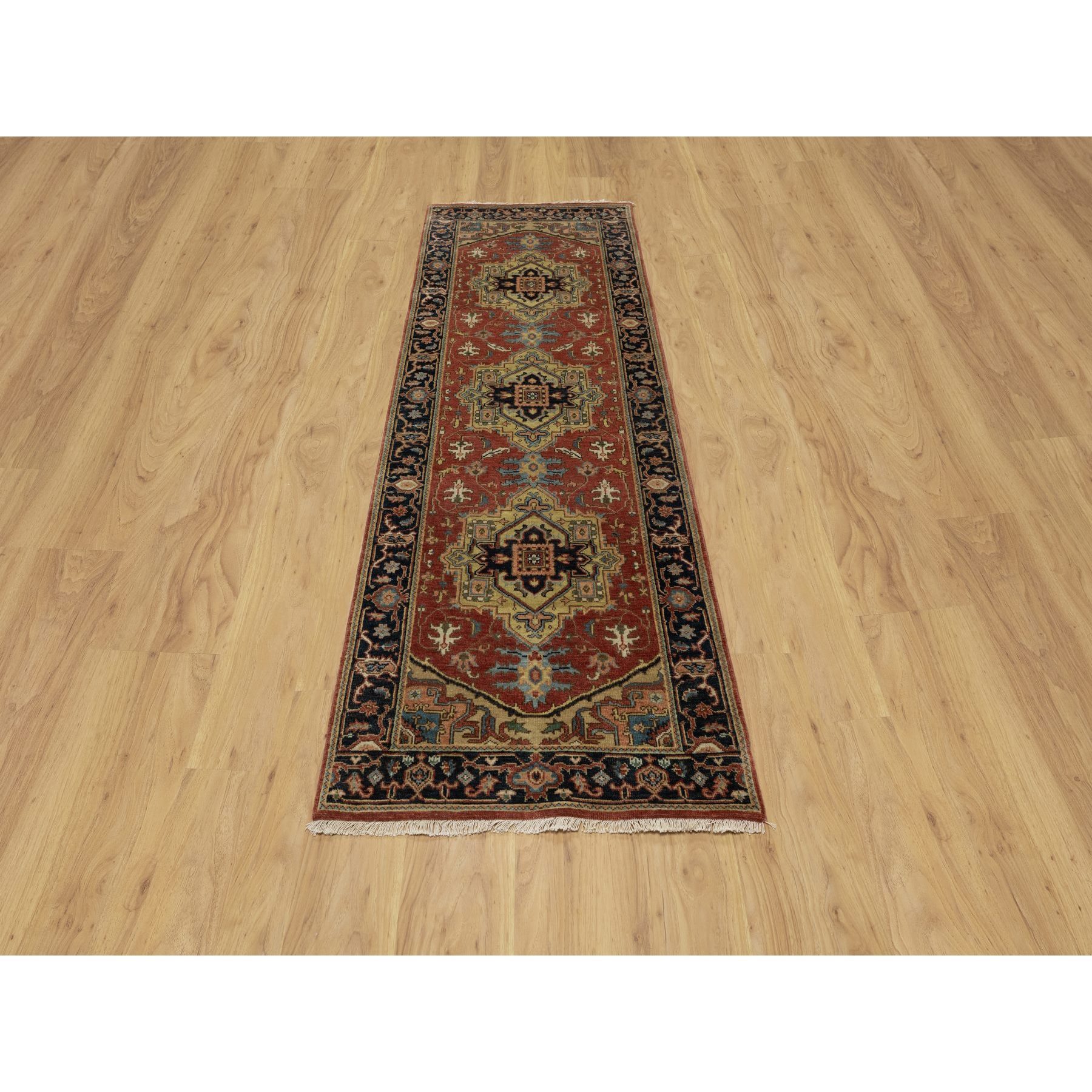 2'9"x8' Chili Red, Heriz Revival with Medallion Design, Densely Woven, Hand Spun New Zealand Wool, Hand Knotted, Runner, Oriental Rug Sh91239