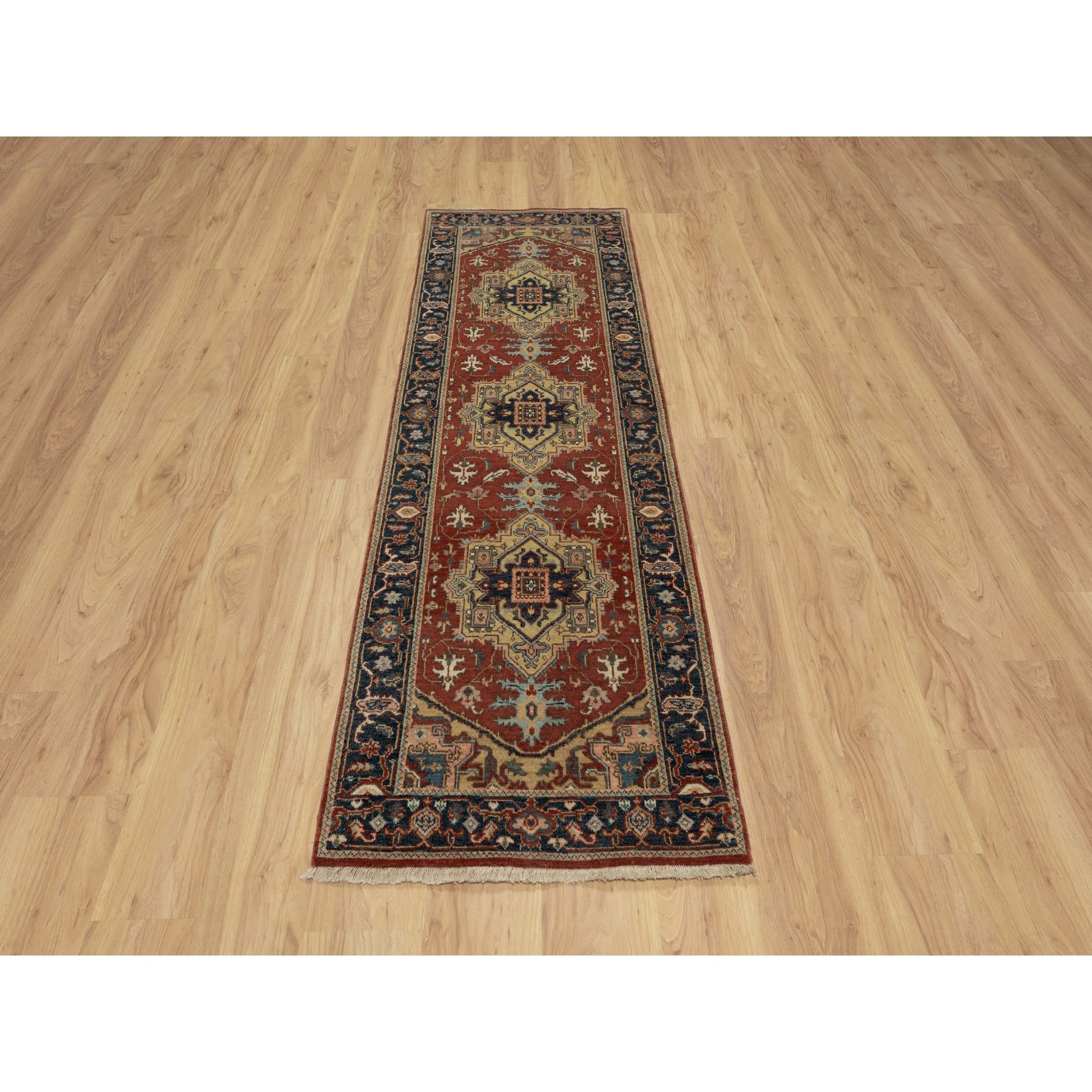 2'6"x8' Ruby Red, Hand Knotted, Heriz Revival with Medallion Design, Denser Weave, Hand Spun New Zealand Wool, Runner, Oriental Rug Sh91240