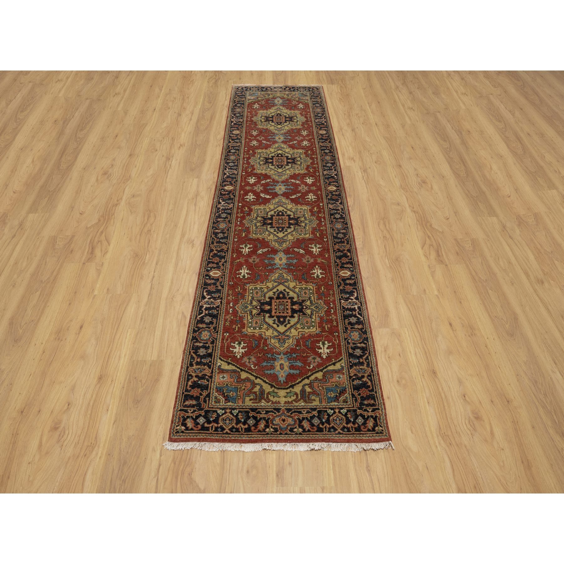 2'8"x10' Chili Red, Densely Woven, Hand Spun New Zealand Wool, Heriz Revival with Medallion Design, Hand Knotted, Runner, Oriental Rug Sh91243