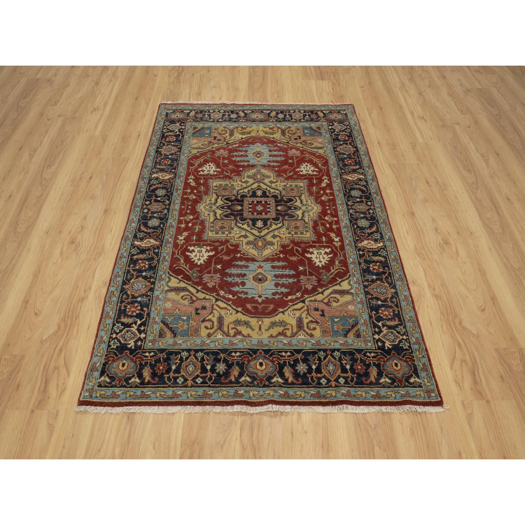 4'3"x6'2" Barn Red, Heriz Revival with Medallion Design, Denser Weave, Hand Spun New Zealand Wool, Hand Knotted, Oriental Rug Sh91249