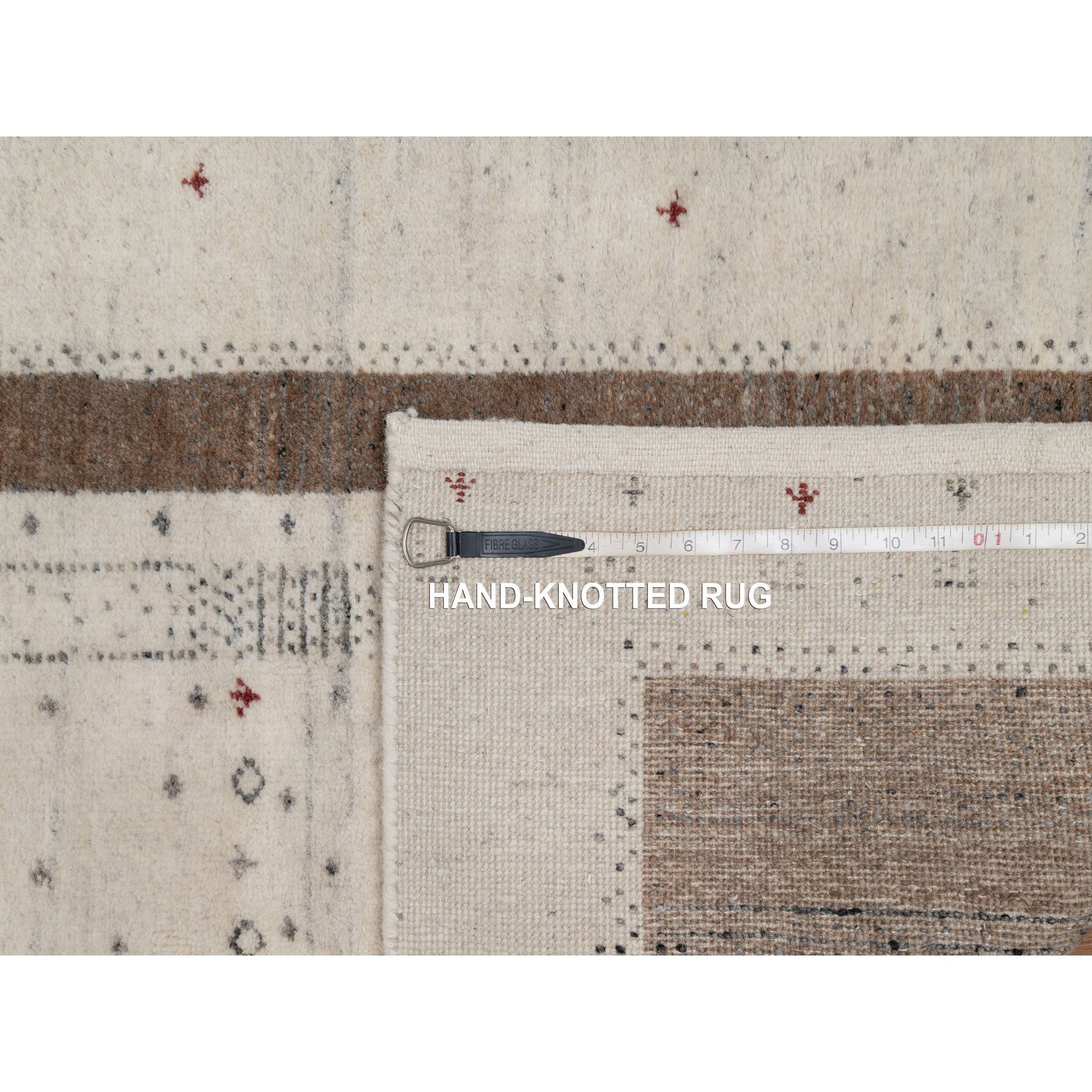 2'7"x6' Alabaster White, Modern Striae Design with Small Animal Figurines, Soft Wool, Thick and Plush, Soft Pile, Hand Knotted, Lori Buft Gabbeh, Runner, Oriental Rug Sh91255