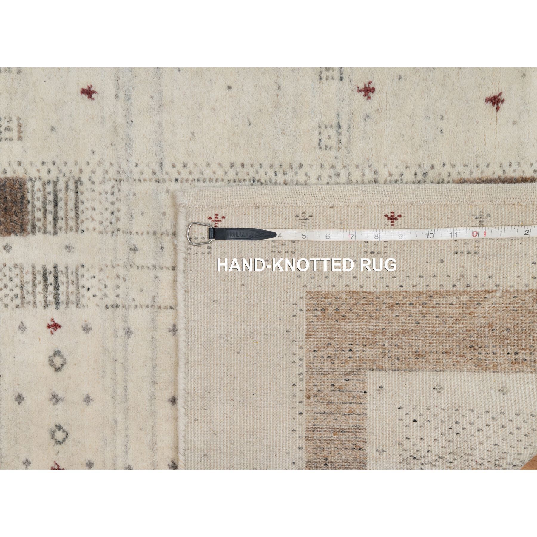 2'8"x8' Parchment White with Brown, Lush and Plush, Hand Knotted, Lori Buft Gabbeh with Small Animal Figurines, Modern Striae Design, Soft Pile, Pure Wool, Runner, Oriental Rug Sh91259