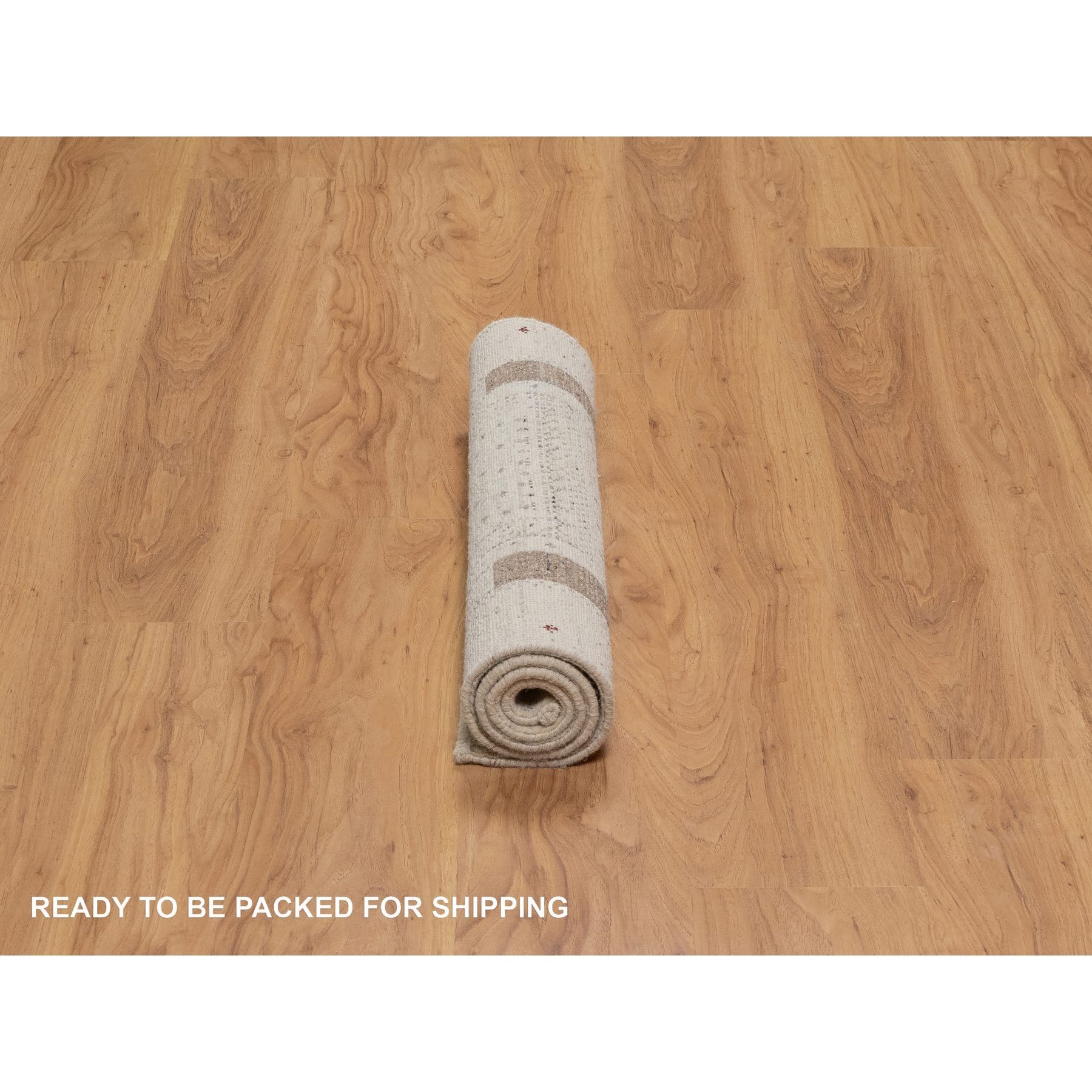 2'7"x4' Linen White with Brown, Modern Striae Design, Lori Buft Gabbeh with Small Animal Figurines, Thick and Plush, Soft Pile, Luxurious Wool, Hand Knotted, Mat, Oriental Rug Sh91261