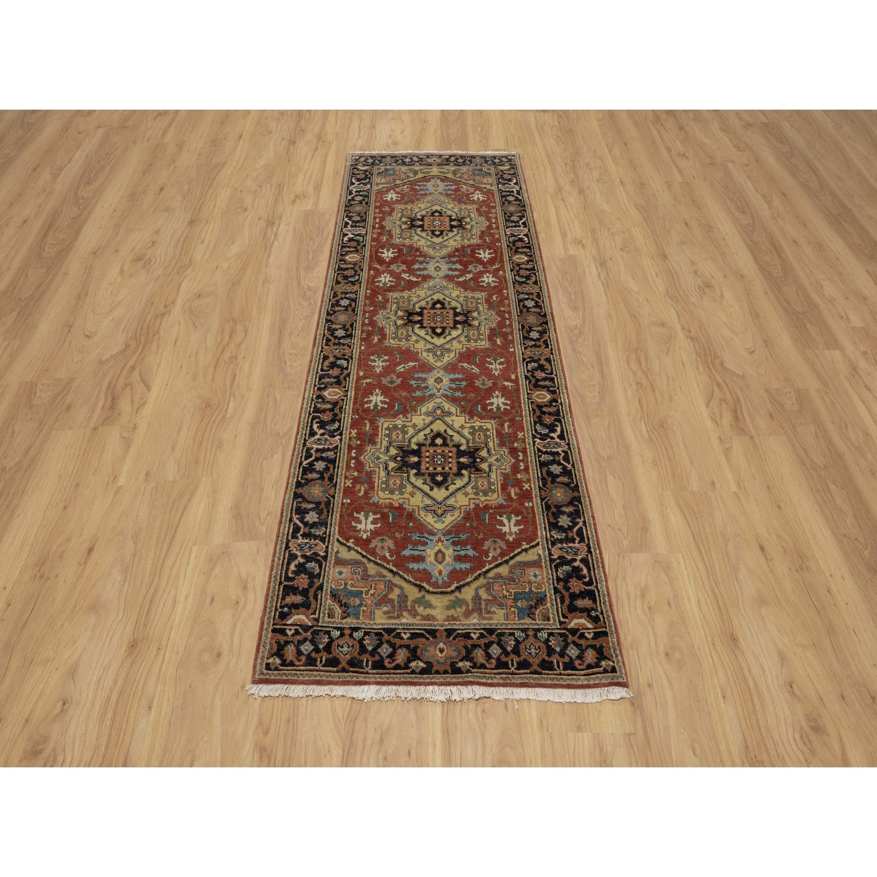 2'7"x8' Scarlet Red, Heriz Revival with Medallion Design, Densely Woven, Hand Spun New Zealand Wool, Hand Knotted, Runner, Oriental Rug Sh91263