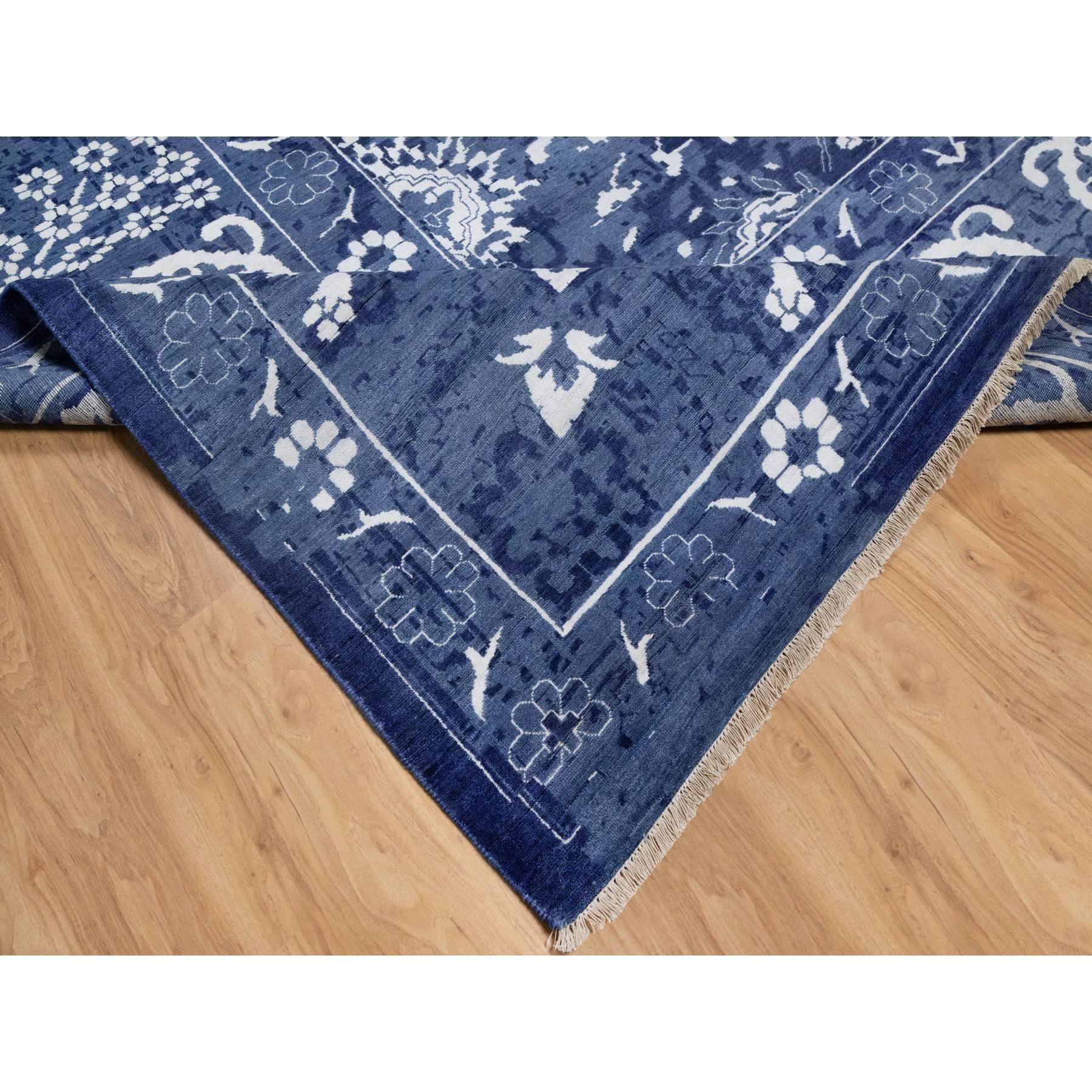 11'9"x15' Nova Blue with Ivory, Hand Knotted, Tone on Tone, Tabriz with All Over Leaf Motif, Wool and Silk, Oversized, Oriental Rug Sh91265