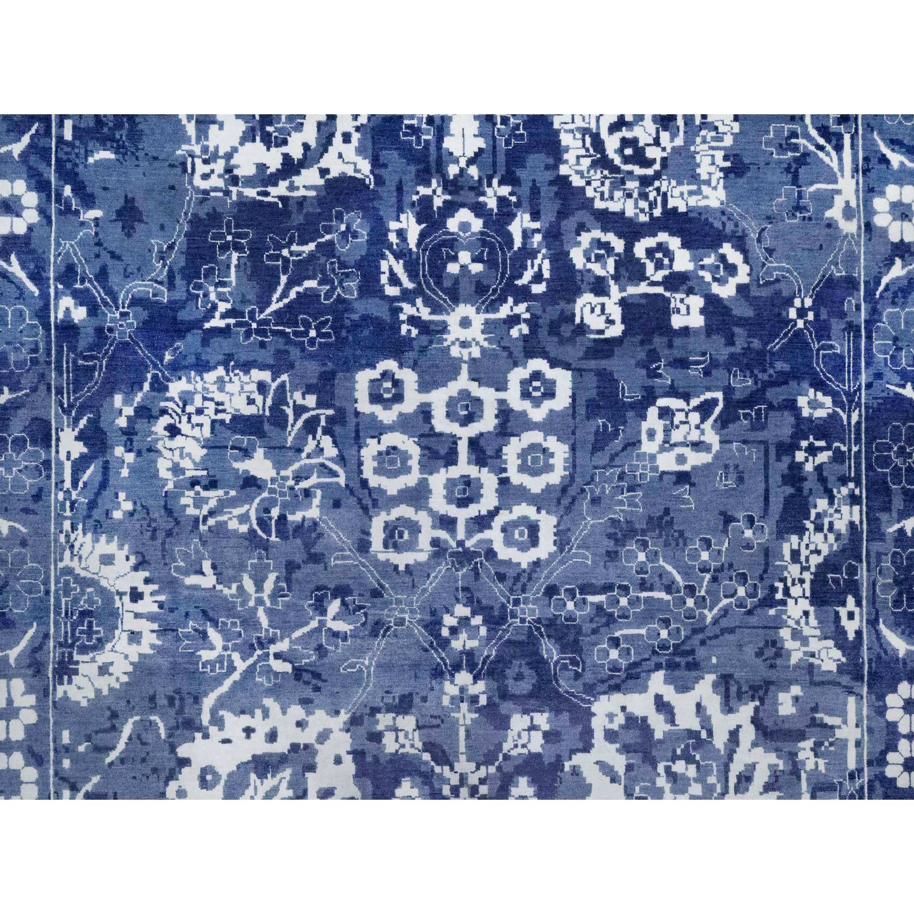 11'9"x15' Nova Blue with Ivory, Hand Knotted, Tone on Tone, Tabriz with All Over Leaf Motif, Wool and Silk, Oversized, Oriental Rug Sh91265
