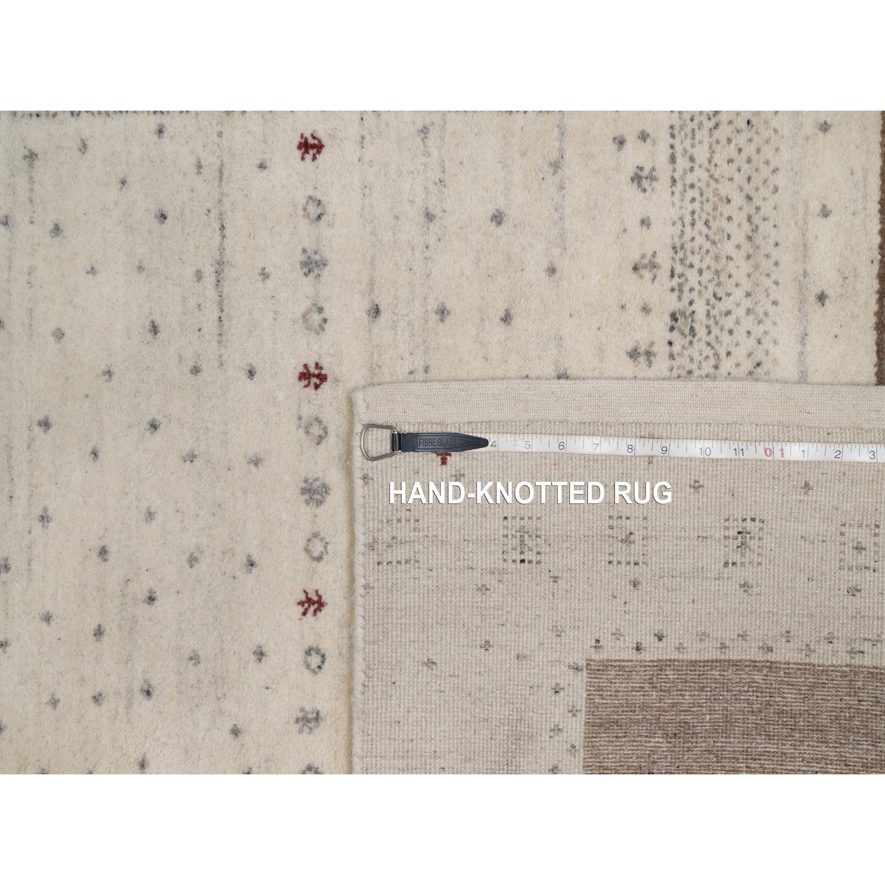 5'x7'10" Chiffon White with Brown, Lori Buft Gabbeh with Small Animal Figurines, Modern Striae Design, Thick and Plush, Soft Pile, Organic Wool, Hand Knotted, Oriental Rug Sh91267