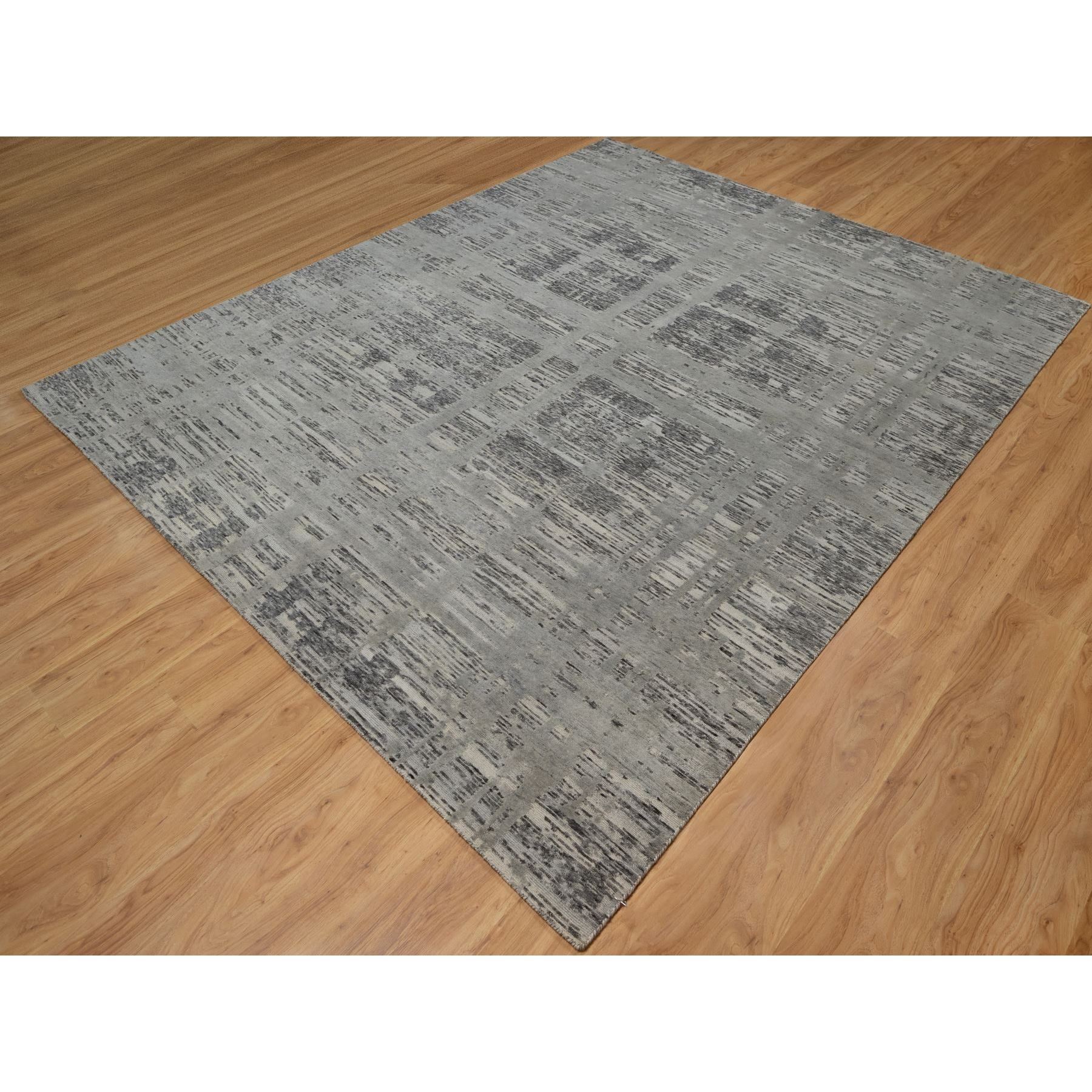 8'1"x10' Nevada Gray, Modern Criss Cross Erased Design, Hand Spun Undyed Natural Wool, Hand Knotted, Oriental Rug Sh91283