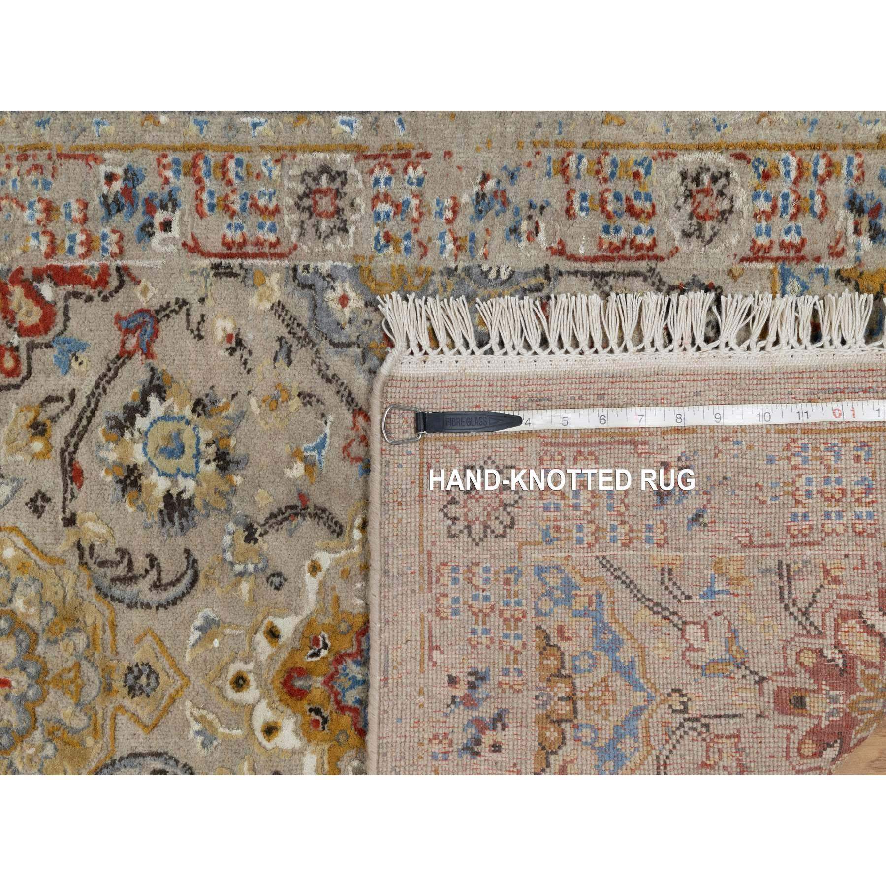 2'6"x11'10" Desert Sand Brown, THE SUNSET ROSETTES with Soft Colors, Hand Knotted, Wool and Pure Silk, Runner, Oriental Rug Sh91287