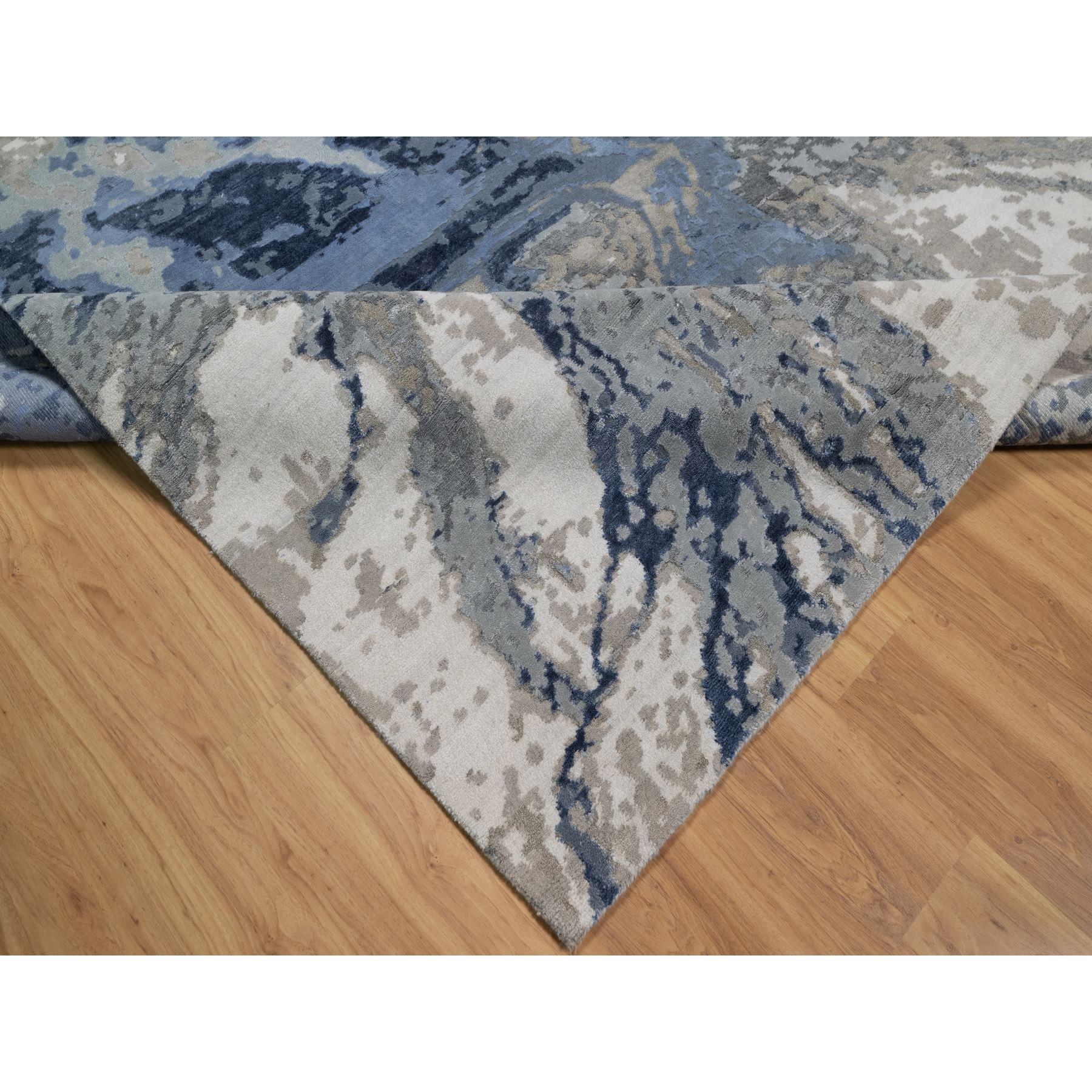 9'1"x12'1" Aegean Blue with Ivory, Abstract Design, Wool and Silk, Hi-low Pile, Hand Knotted, Lush and Plush, Oriental Rug Sh91289
