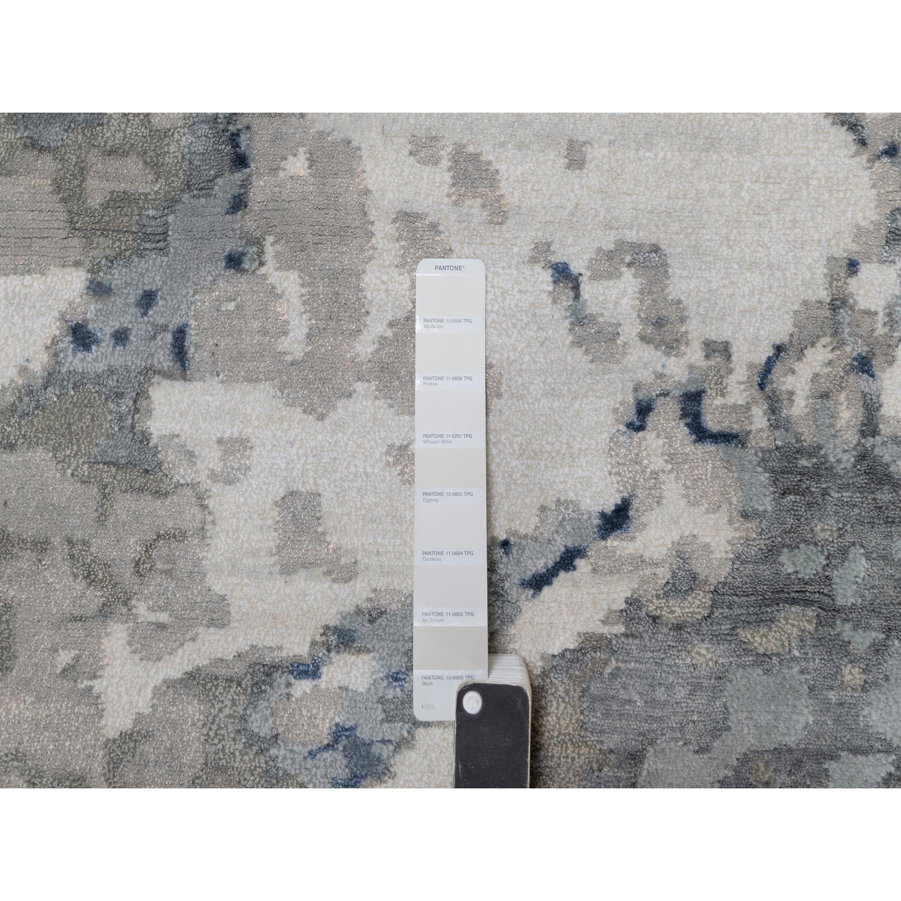 9'1"x12'1" Aegean Blue with Ivory, Abstract Design, Wool and Silk, Hi-low Pile, Hand Knotted, Lush and Plush, Oriental Rug Sh91289