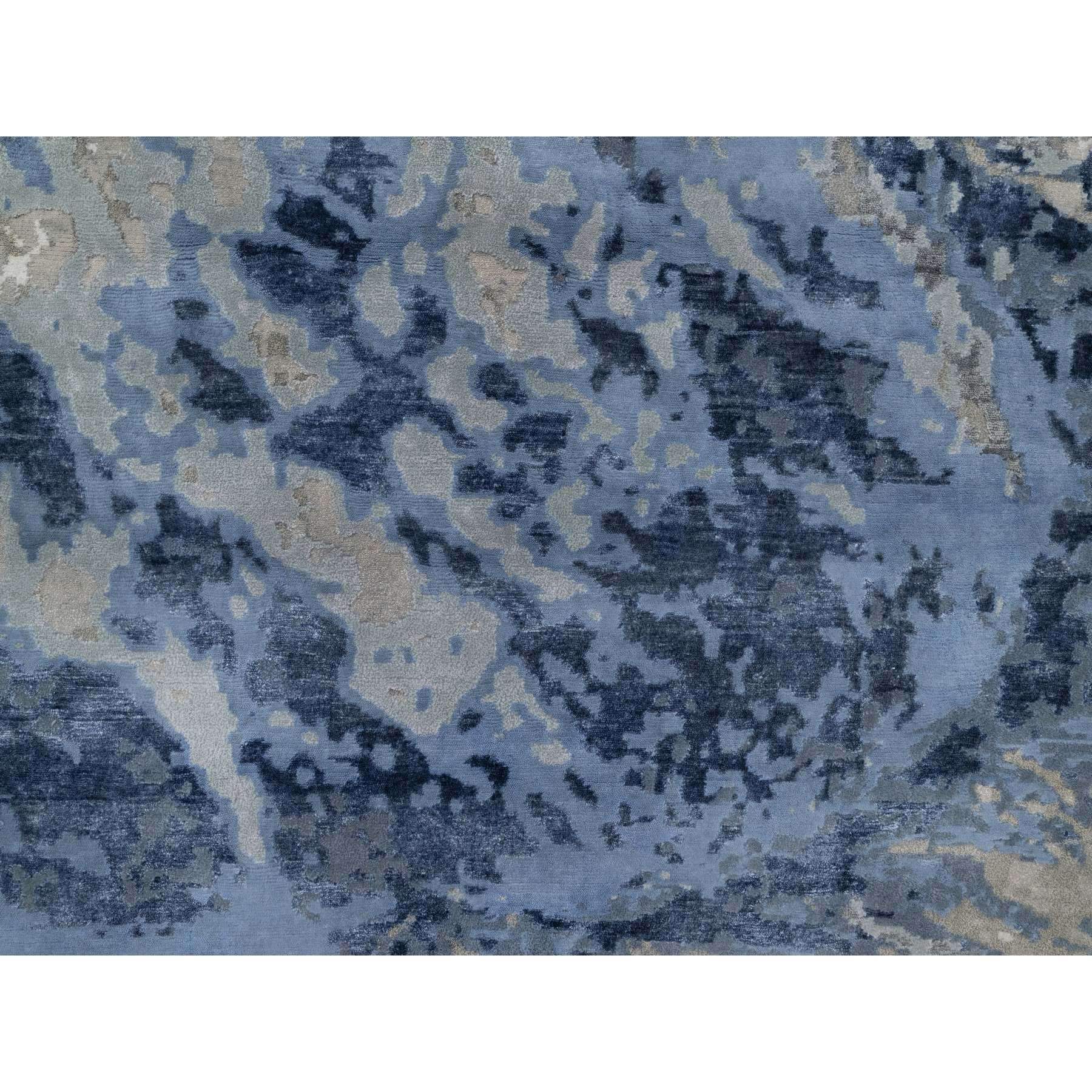 9'1"x12'1" Aegean Blue with Ivory, Abstract Design, Wool and Silk, Hi-low Pile, Hand Knotted, Lush and Plush, Oriental Rug Sh91289