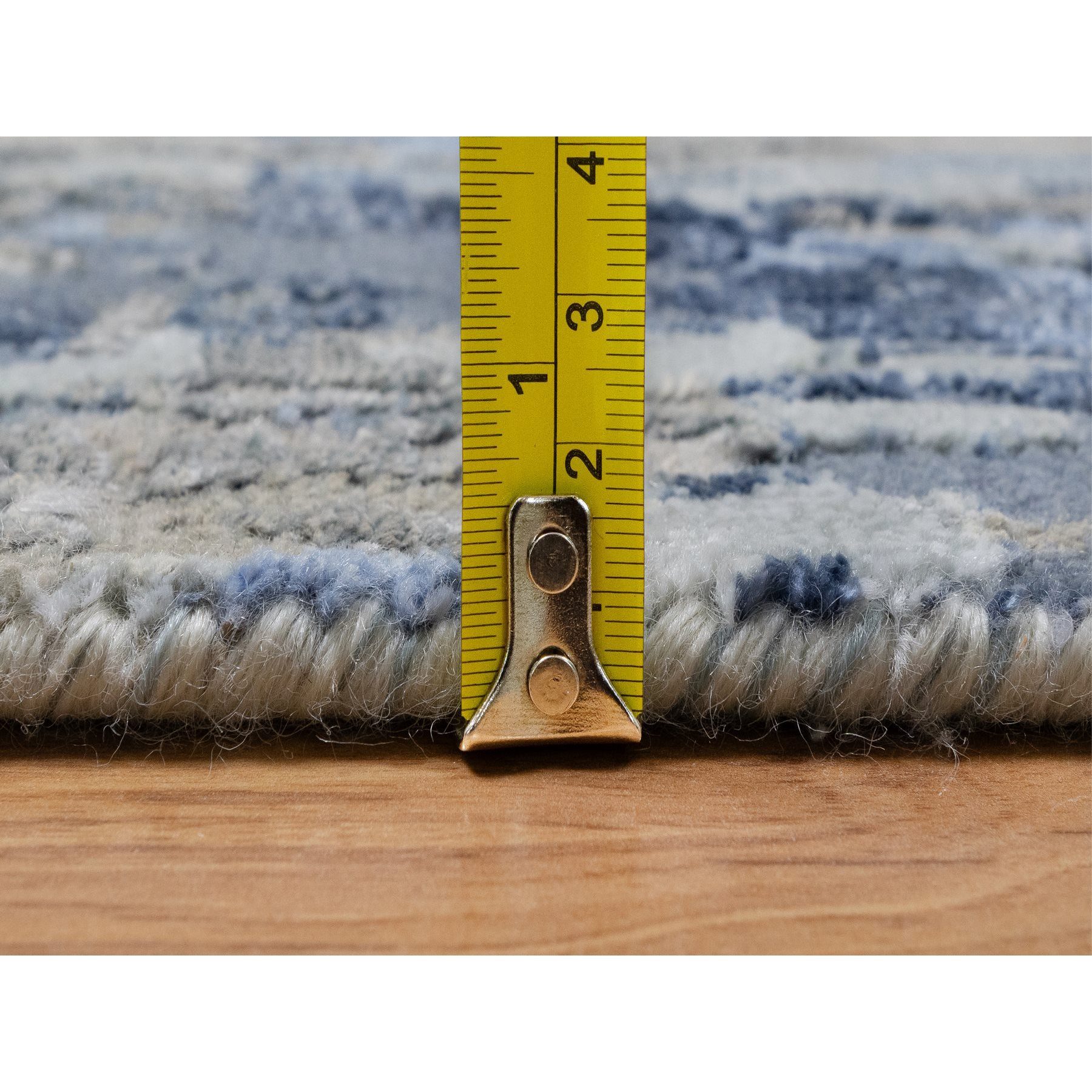 2'7"x10'2" Yale Blue with Ivory, Abstract Design, Wool and Silk, Hi-low Pile, Hand Knotted, Lush and Plush, Runner, Oriental Rug Sh91290