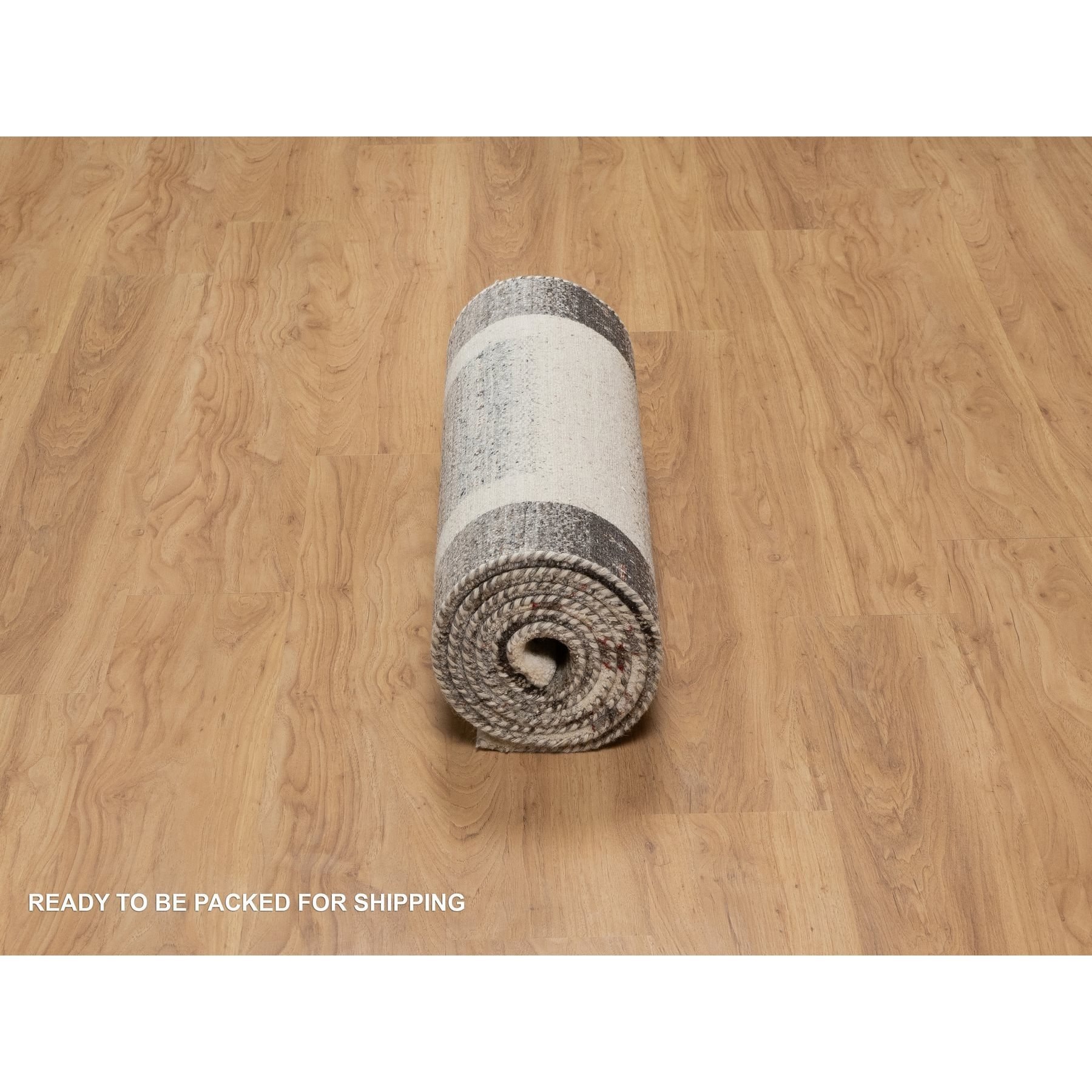 2'6"x9'10" Photon White, Hand Knotted, Thick and Plush, Modern, Lori Buft Gabbeh with Small Animal and Human Figurines, Pure Wool, Runner, Oriental Rug Sh91316