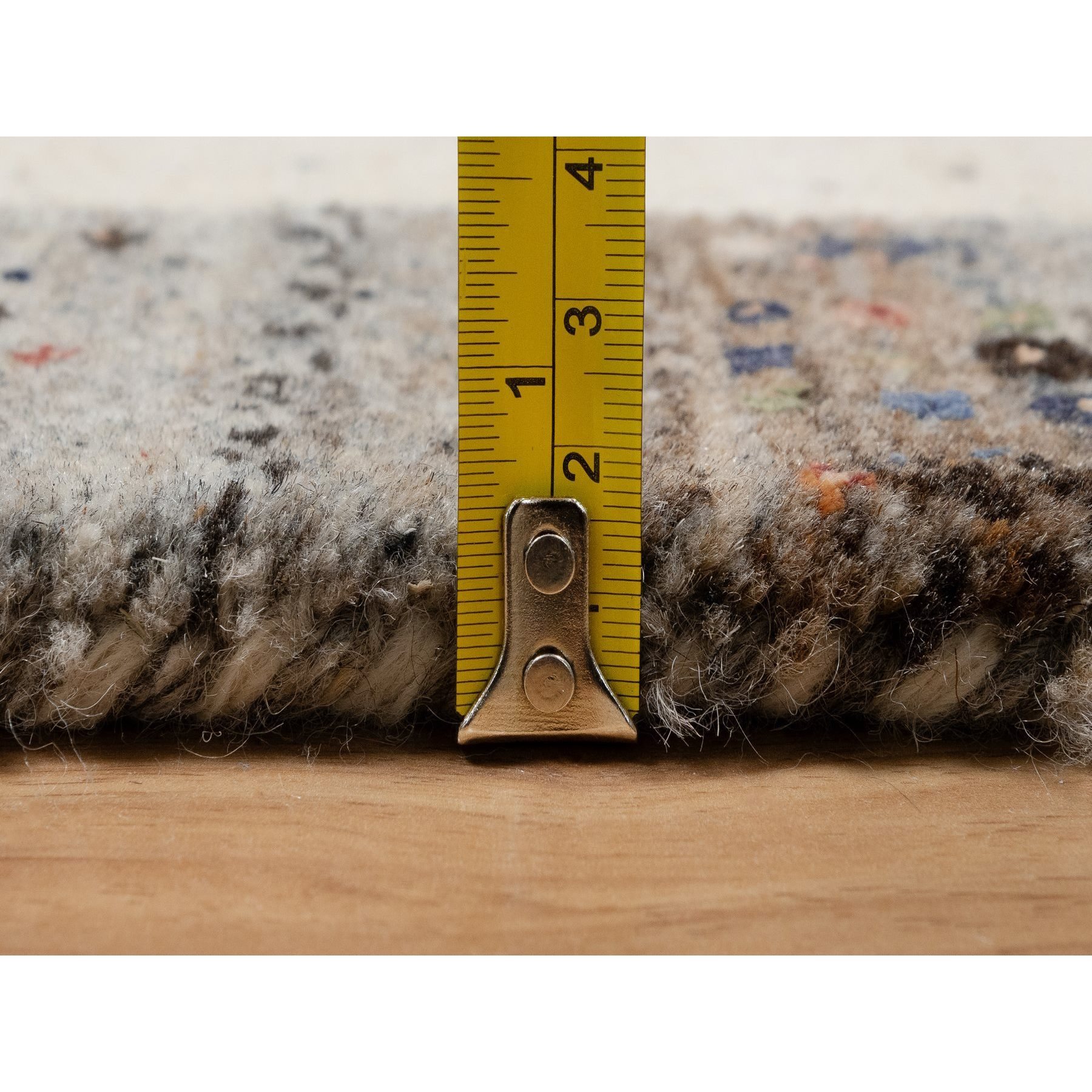 2'6"x9'10" Photon White, Hand Knotted, Thick and Plush, Modern, Lori Buft Gabbeh with Small Animal and Human Figurines, Pure Wool, Runner, Oriental Rug Sh91316
