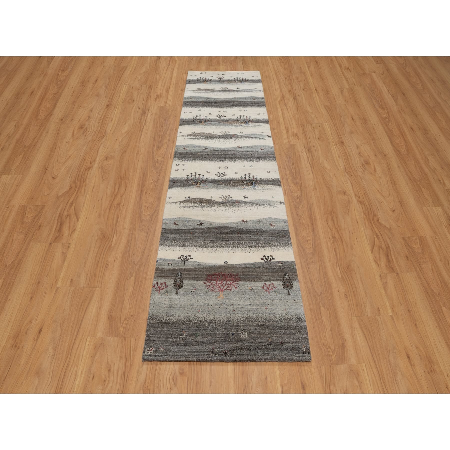 2'6"x9'10" Chiffon White, Modern, Lori Buft Gabbeh with Small Animal Figurines, Hills Design, Thick and Plush, 100% Wool, Hand Knotted, Runner, Oriental Rug Sh91317