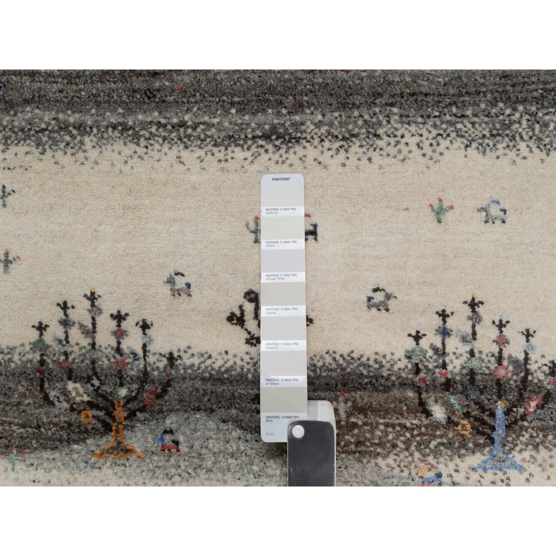 2'6"x9'10" Chiffon White, Modern, Lori Buft Gabbeh with Small Animal Figurines, Hills Design, Thick and Plush, 100% Wool, Hand Knotted, Runner, Oriental Rug Sh91317