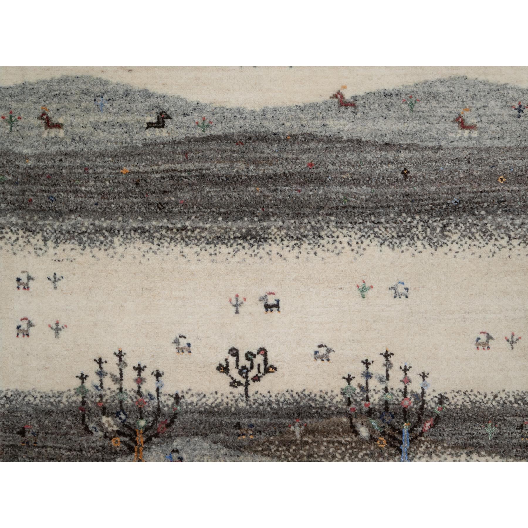 2'6"x9'10" Chiffon White, Modern, Lori Buft Gabbeh with Small Animal Figurines, Hills Design, Thick and Plush, 100% Wool, Hand Knotted, Runner, Oriental Rug Sh91317