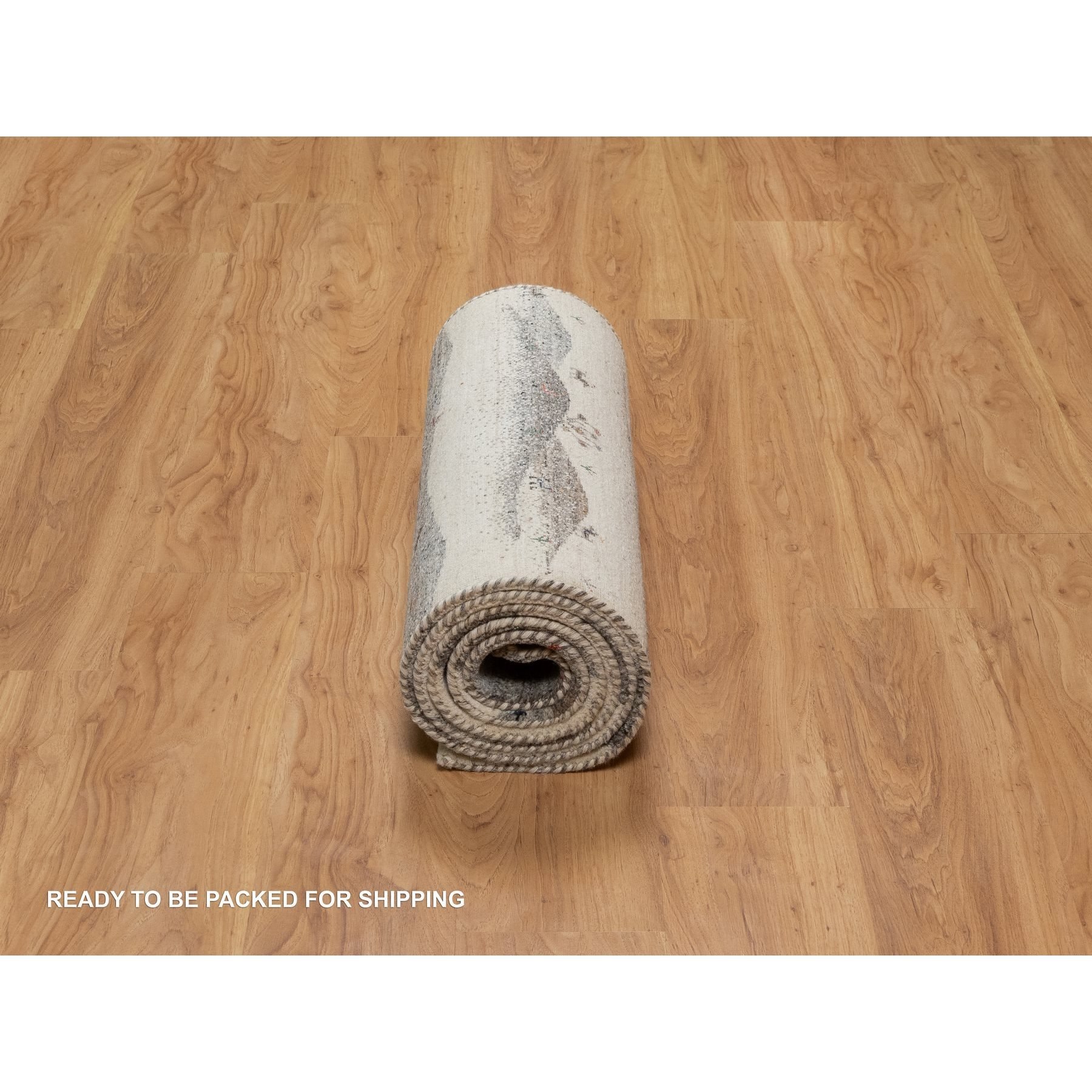 2'6"x9'10" Chiffon White, Modern, Lori Buft Gabbeh with Small Animal Figurines, Hills Design, Thick and Plush, 100% Wool, Hand Knotted, Runner, Oriental Rug Sh91317
