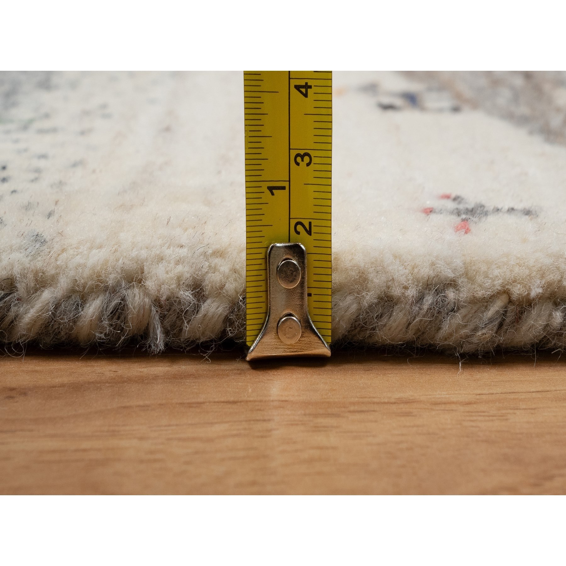 2'6"x9'10" Chiffon White, Modern, Lori Buft Gabbeh with Small Animal Figurines, Hills Design, Thick and Plush, 100% Wool, Hand Knotted, Runner, Oriental Rug Sh91317