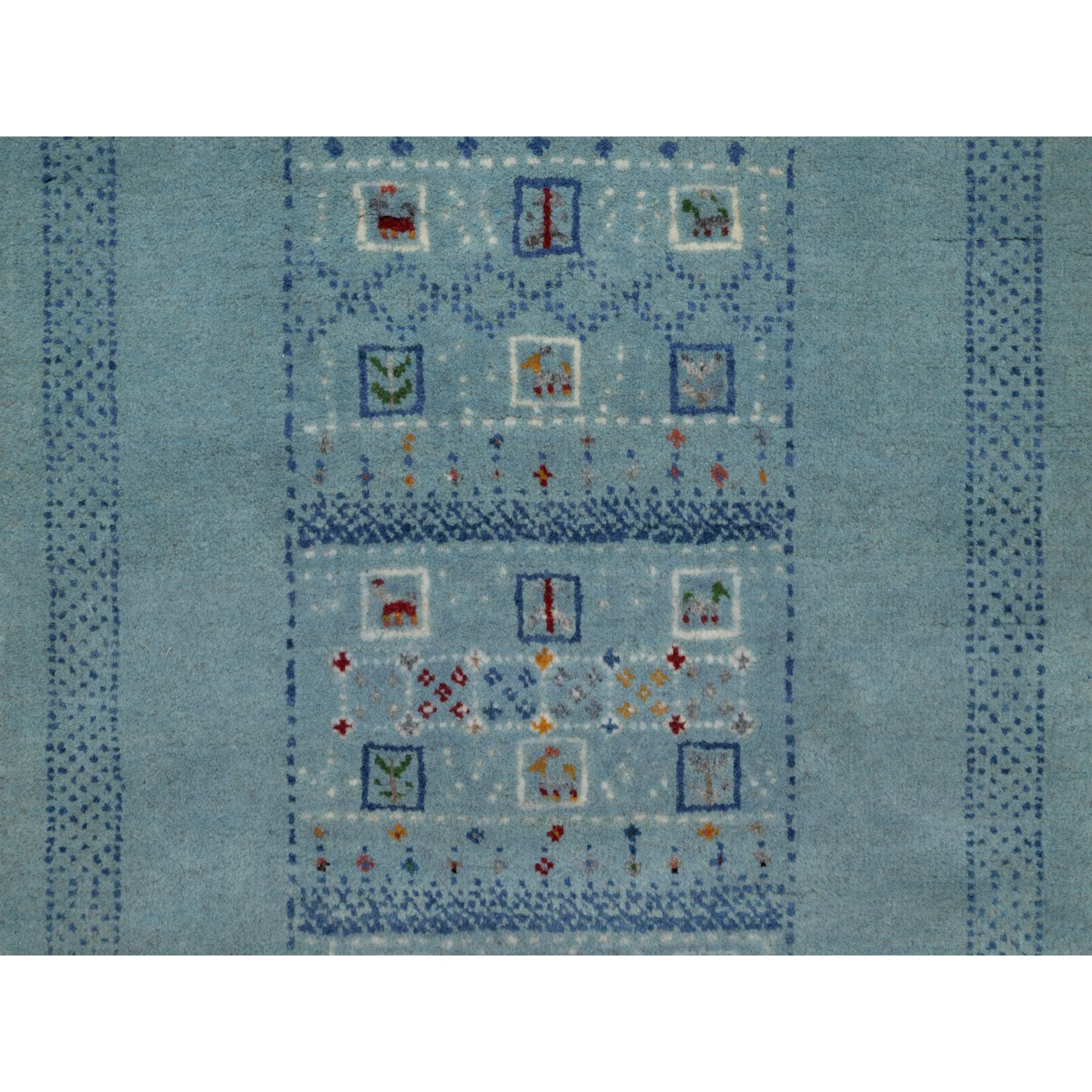 2'3"x4'5" Cerulean Blue, Thick and Plush, Lori Buft Gabbeh with Small Animal Figurines, Modern, 100% Wool, Hand Knotted, Mat, Oriental Rug Sh91319