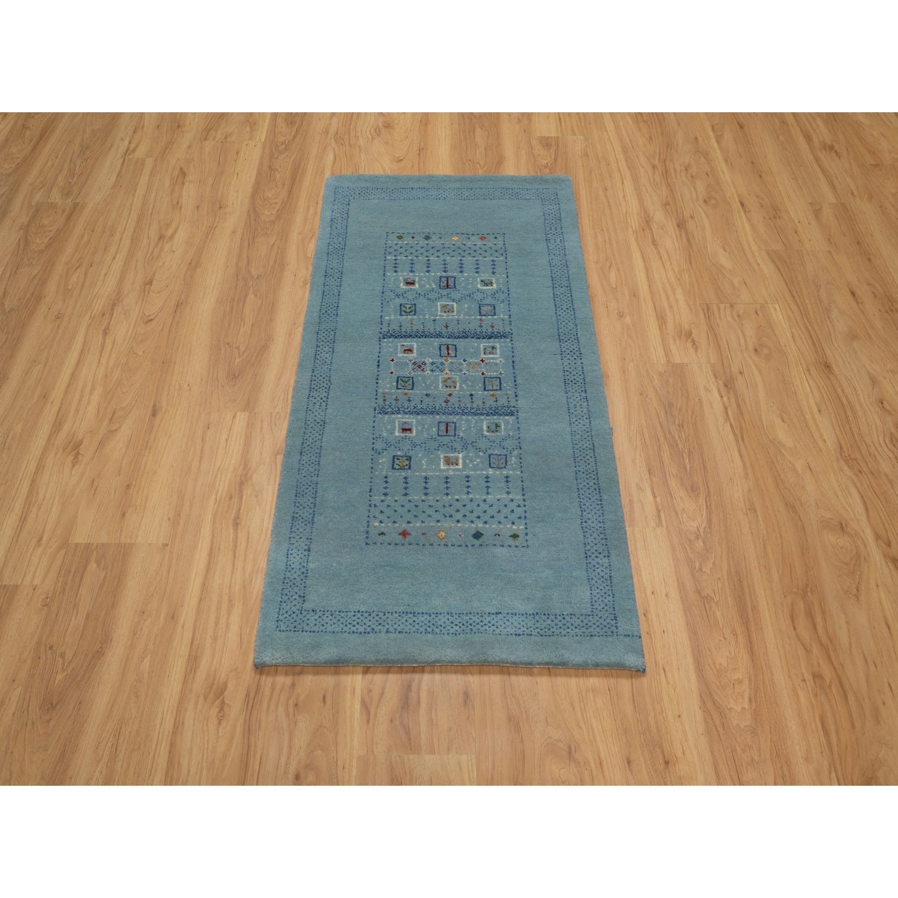 2'3"x4'5" Sterling Blue, Modern, Lori Buft Gabbeh with Small Animal Figurines, Thick and Plush, Pure Wool, Hand Knotted, Mat, Oriental Rug Sh91320