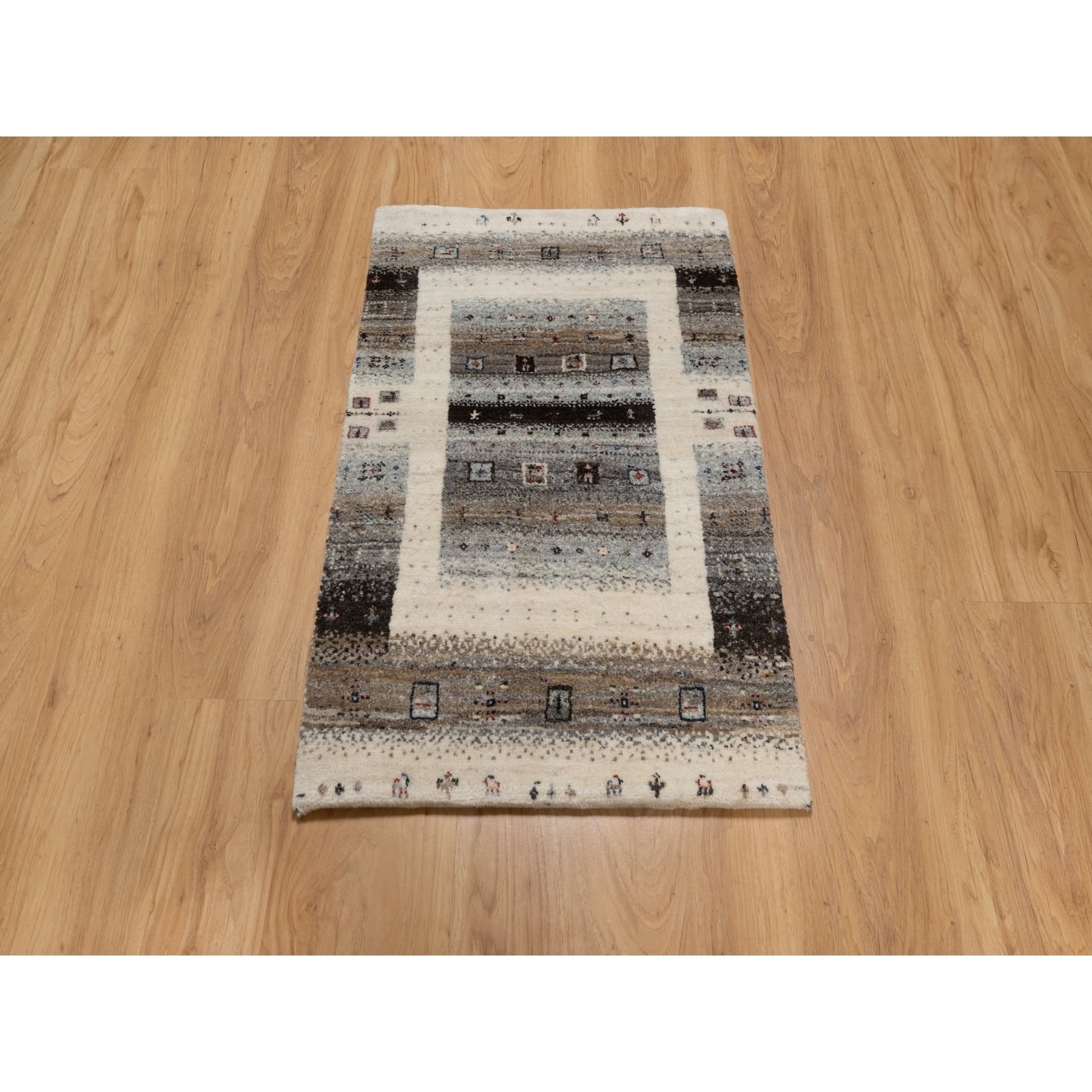 2'x3' Chiffon White, Modern, Lori Buft Gabbeh with Small Animal and Human Figurines, Thick and Plush, 100% Wool, Hand Knotted, Mat, Oriental Rug Sh91325