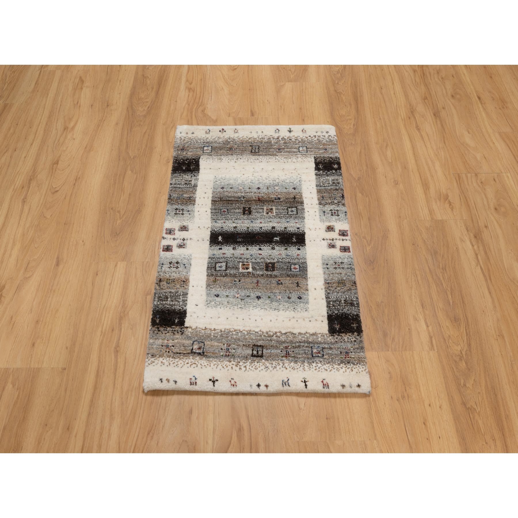 2'x3' Pearl White, Hand Knotted, Lori Buft Gabbeh with Small Animal and Human Figurines, Thick and Plush, Modern, Pure Wool, Mat, Oriental Rug Sh91326