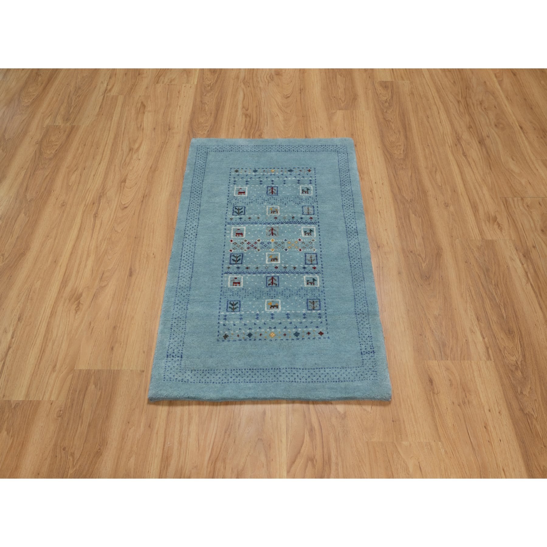 2'2"x3'3" Cerulean Blue, Lori Buft Gabbeh with Small Animal Figurines, Modern, Thick and Plush, 100% Wool, Hand Knotted, Mat, Oriental Rug Sh91329
