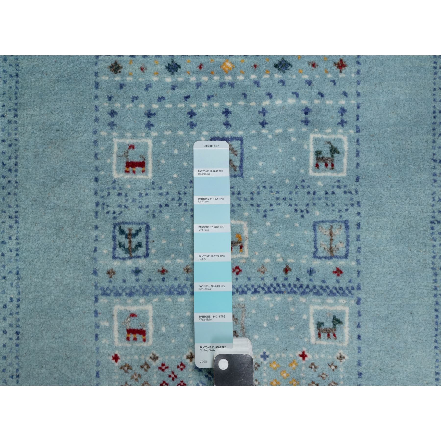 2'2"x3'3" Cerulean Blue, Lori Buft Gabbeh with Small Animal Figurines, Modern, Thick and Plush, 100% Wool, Hand Knotted, Mat, Oriental Rug Sh91329