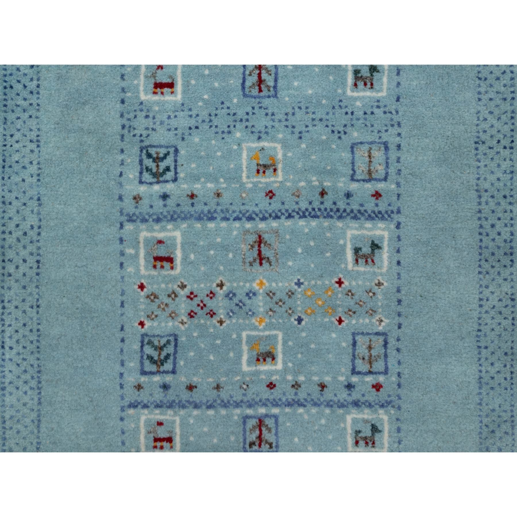 2'2"x3'3" Cerulean Blue, Lori Buft Gabbeh with Small Animal Figurines, Modern, Thick and Plush, 100% Wool, Hand Knotted, Mat, Oriental Rug Sh91329