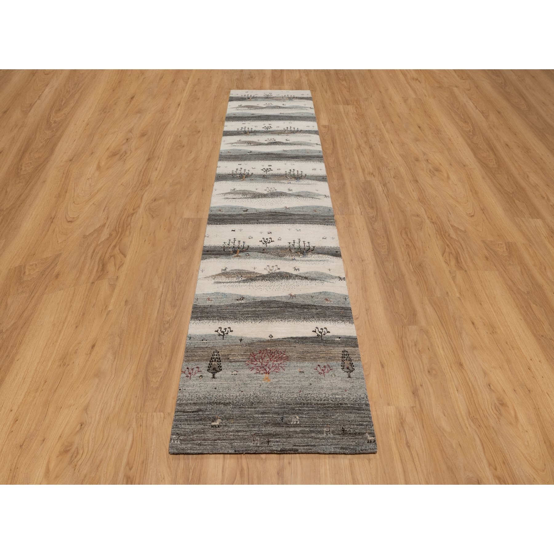 2'8"x11'6" Pristine White, Modern, Lori Buft Gabbeh with Small Animal Figurines, Thick and Plush, 100% Wool, Hand Knotted, Runner, Oriental Rug Sh91335