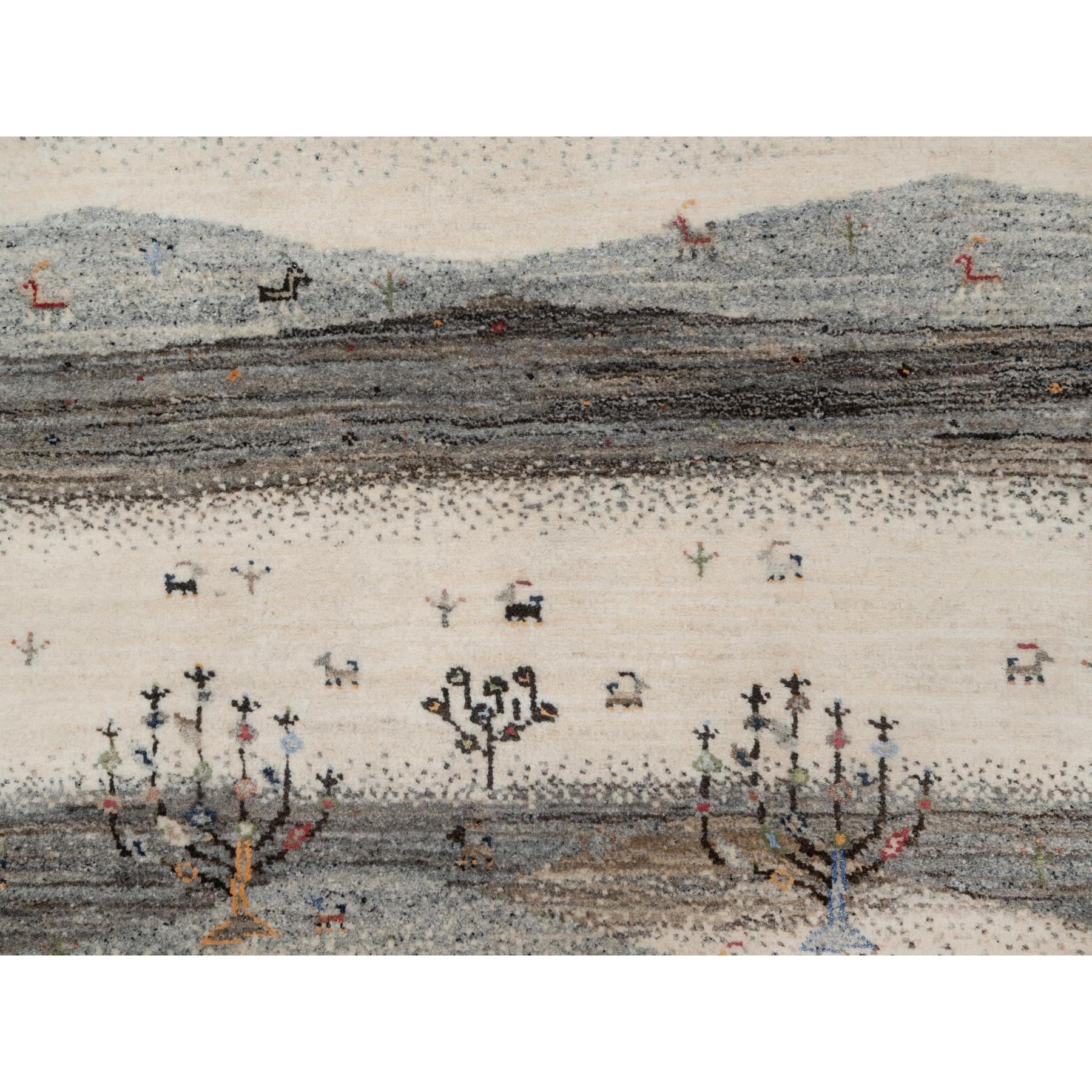 2'8"x11'6" Pristine White, Modern, Lori Buft Gabbeh with Small Animal Figurines, Thick and Plush, 100% Wool, Hand Knotted, Runner, Oriental Rug Sh91335