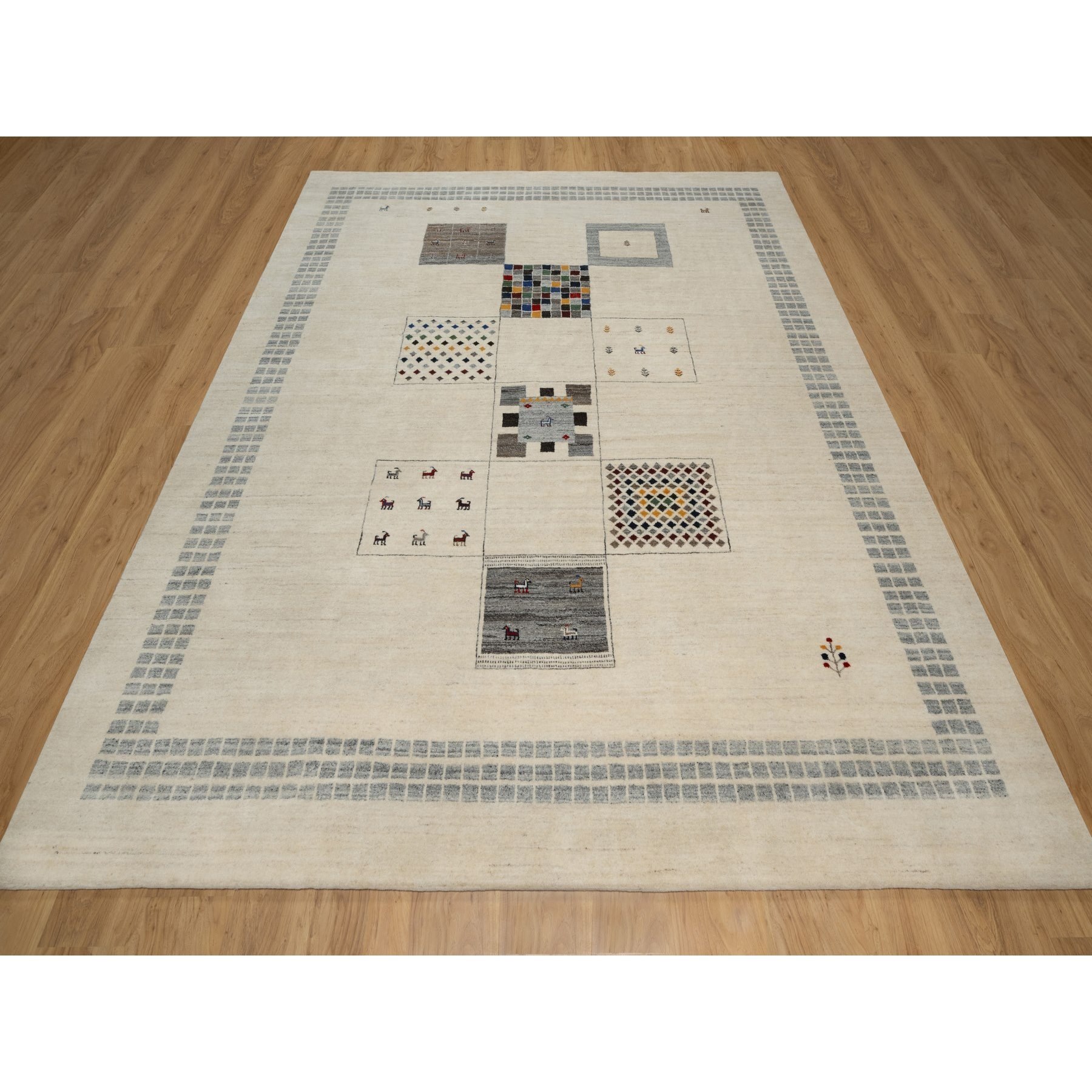 8'3"x10'2" Seedpearl White, Modern, Soft Wool, Hand Knotted, Small Animal Figurines, Lori Buft Gabbeh, Thick and Plush, Oriental Rug Sh91338