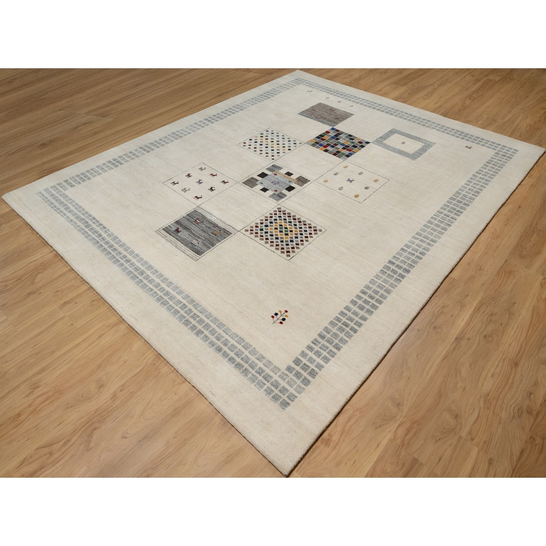 8'3"x10'2" Seedpearl White, Modern, Soft Wool, Hand Knotted, Small Animal Figurines, Lori Buft Gabbeh, Thick and Plush, Oriental Rug Sh91338