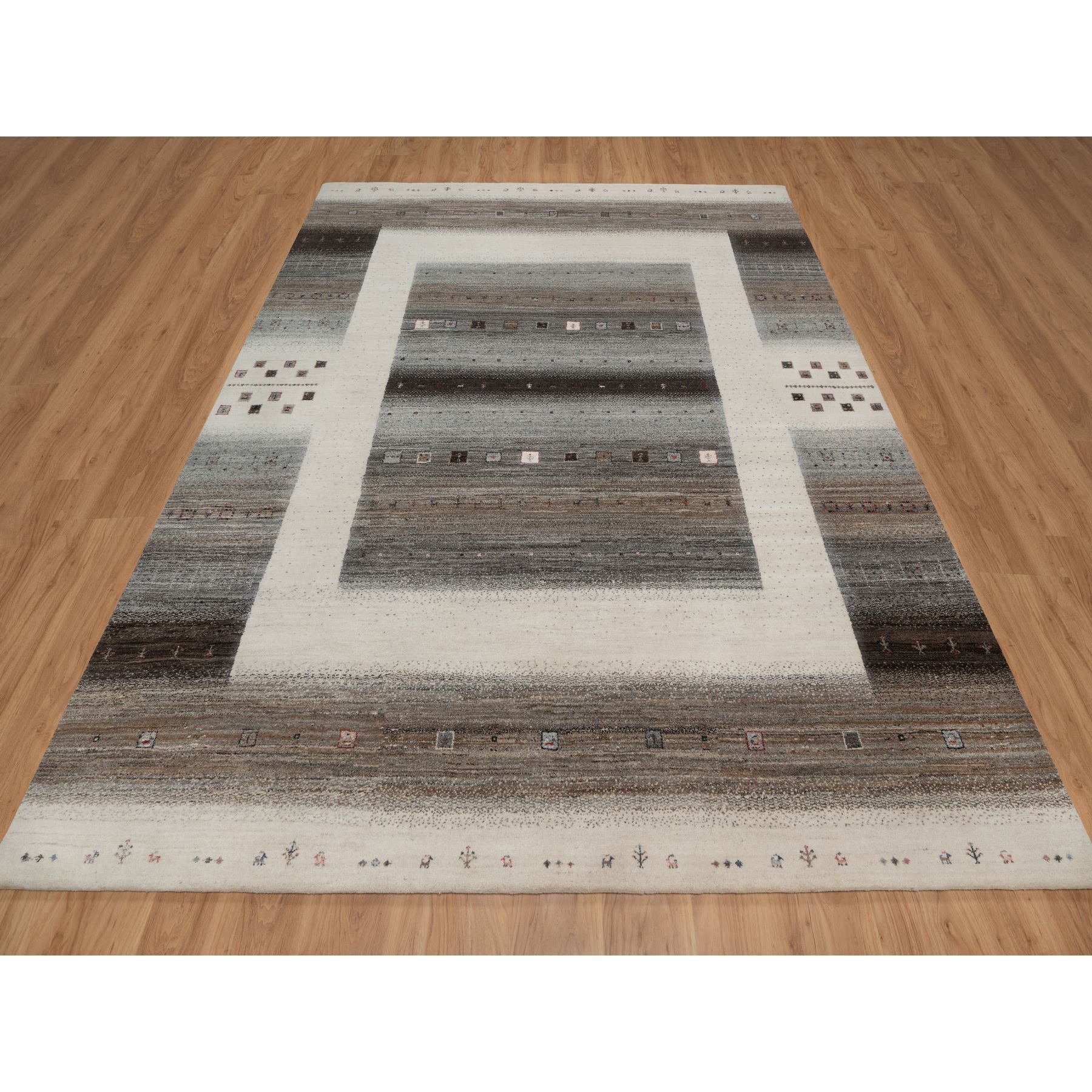 8'2"x10' Vanilla Ice White, Hand Knotted, Lori Buft Gabbeh with Small Animal and Human Figurines, Thick and Plush, Modern, Pure Wool, Oriental Rug Sh91340
