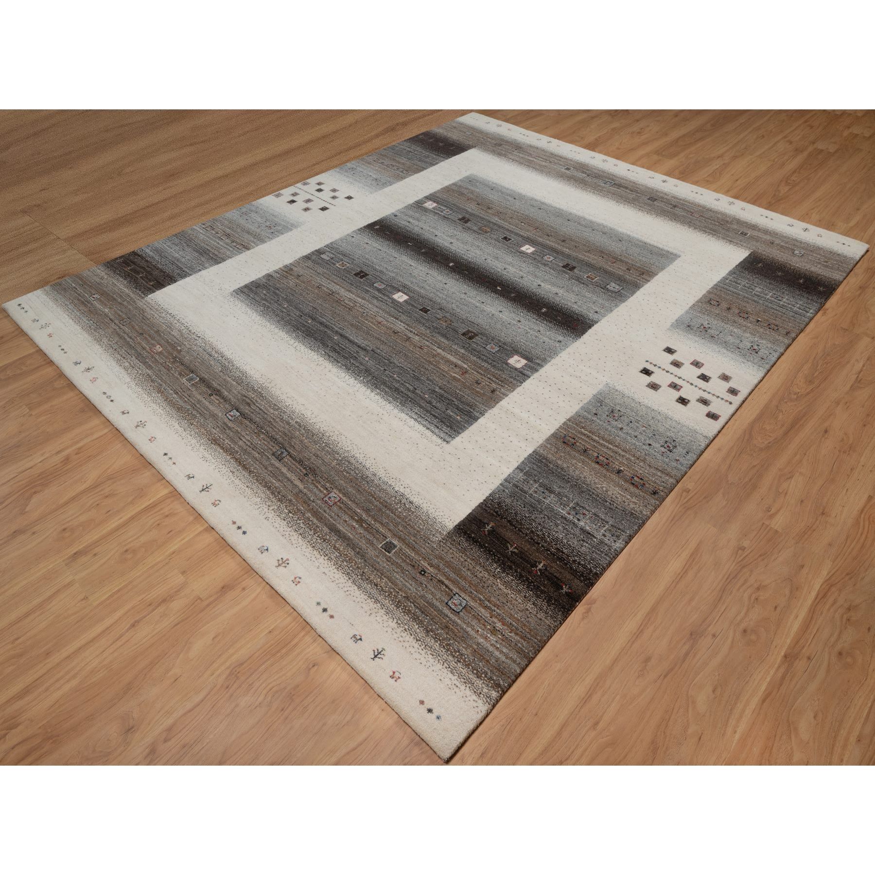 8'2"x10' Vanilla Ice White, Hand Knotted, Lori Buft Gabbeh with Small Animal and Human Figurines, Thick and Plush, Modern, Pure Wool, Oriental Rug Sh91340