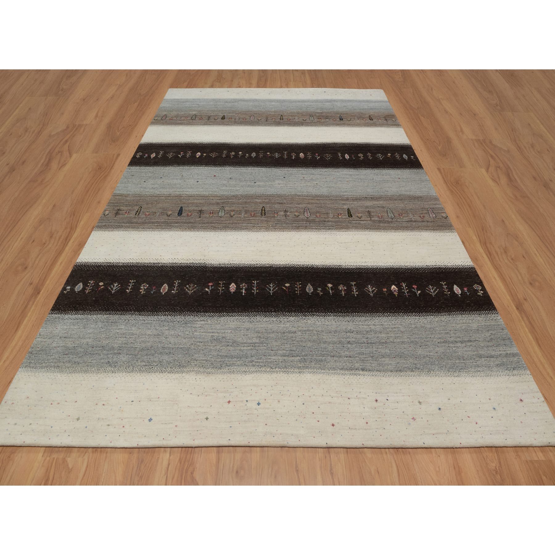 8'10"x12'1" Swan White, Modern, Lori Buft Gabbeh with Small Tree Figurines, Hand Knotted, Thick and Plush, Pure Wool, Oriental Rug Sh91343
