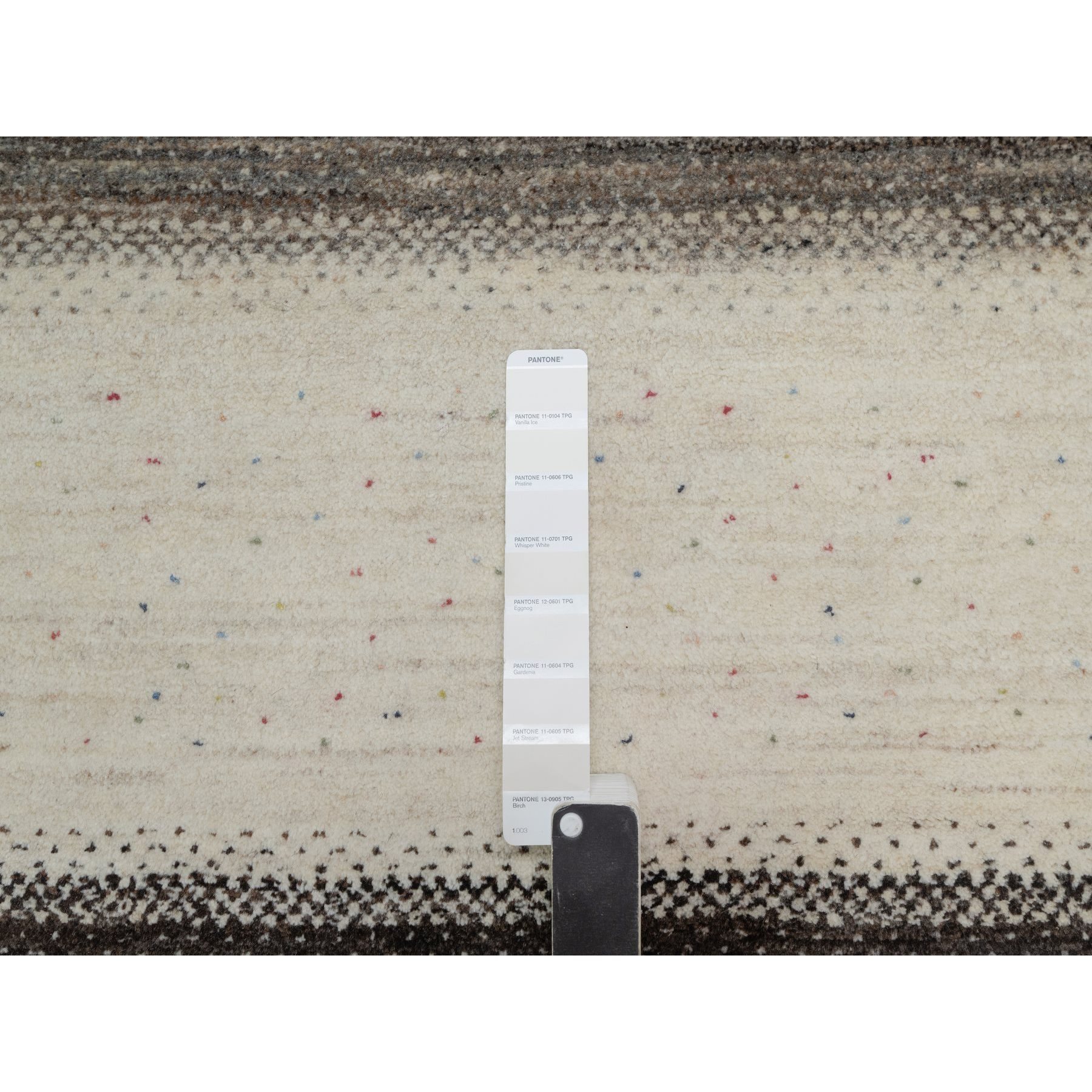 8'10"x12'1" Swan White, Modern, Lori Buft Gabbeh with Small Tree Figurines, Hand Knotted, Thick and Plush, Pure Wool, Oriental Rug Sh91343