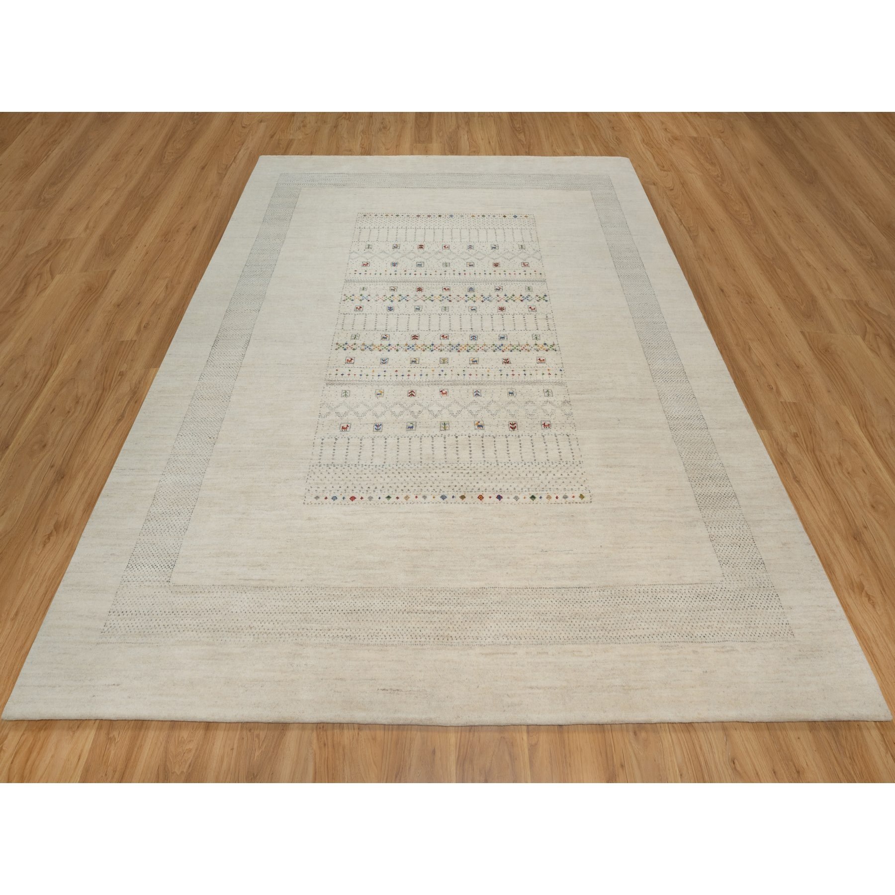 8'1"x10' Swan White, Modern, Lori Buft Gabbeh with Small Animal Figurines, Thick and Plush, 100% Wool, Hand Knotted, Oriental Rug Sh91345