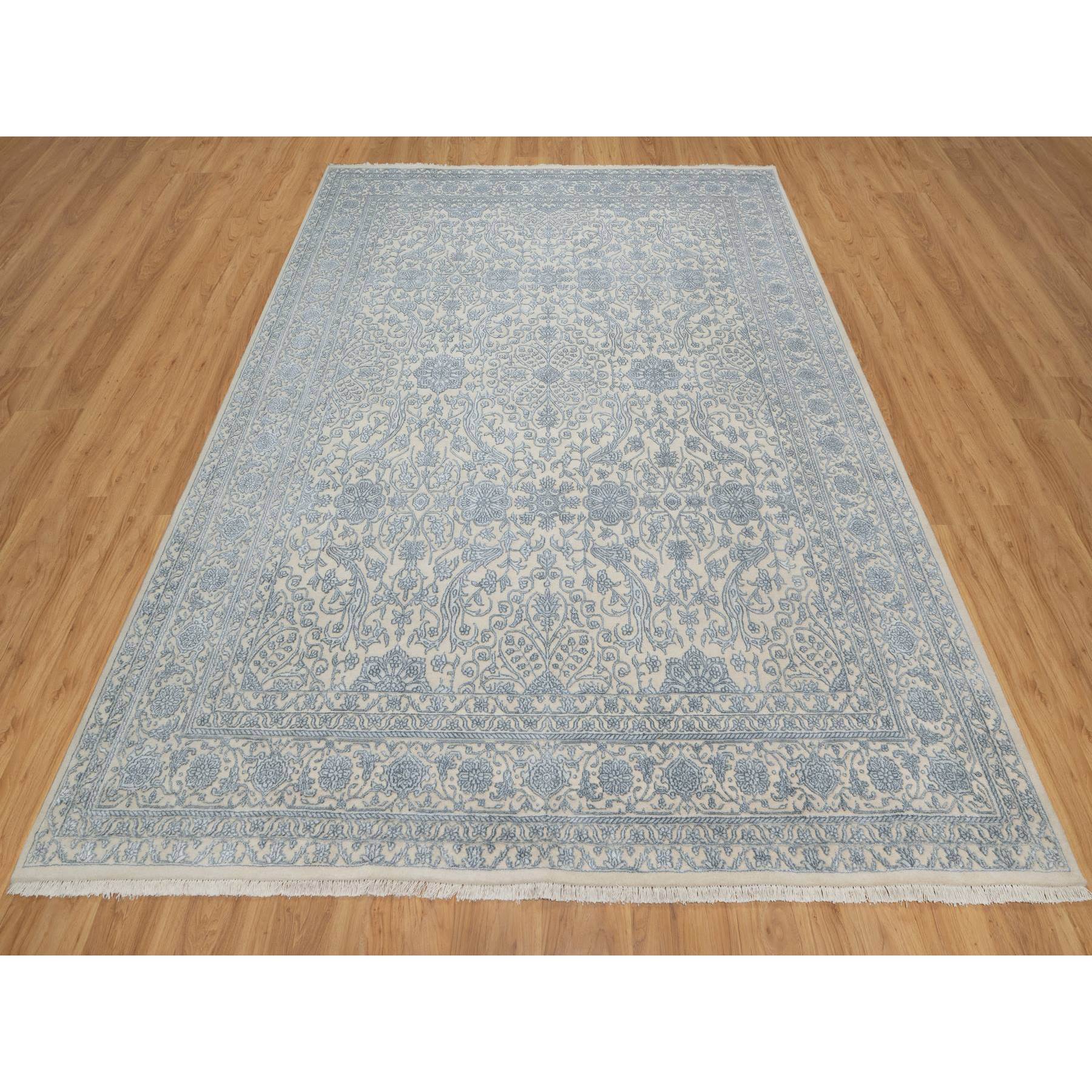 8'x10'2" Linen White, Light Tone on Tone with Persian Design, Wool and Plant Based Silk, Thick and Plush, 200 KPSI, Hand Knotted, Oriental Rug Sh91352