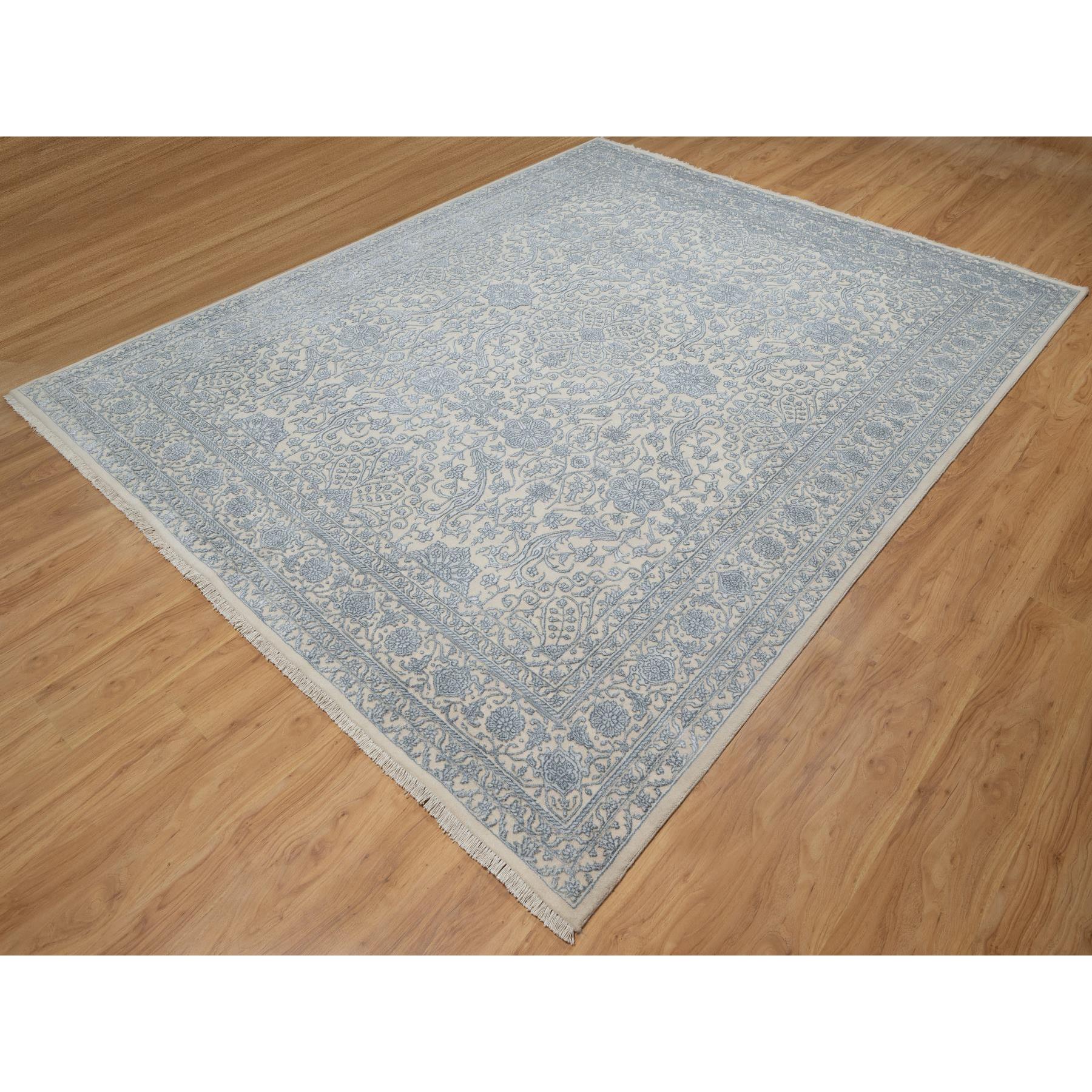 8'x10'2" Linen White, Light Tone on Tone with Persian Design, Wool and Plant Based Silk, Thick and Plush, 200 KPSI, Hand Knotted, Oriental Rug Sh91352