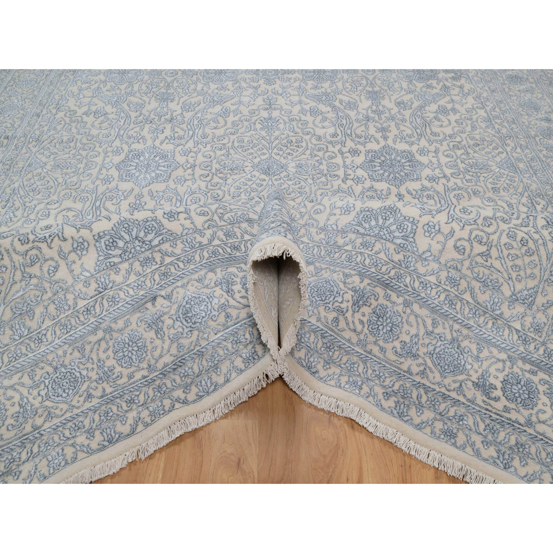 8'x10'2" Linen White, Light Tone on Tone with Persian Design, Wool and Plant Based Silk, Thick and Plush, 200 KPSI, Hand Knotted, Oriental Rug Sh91352
