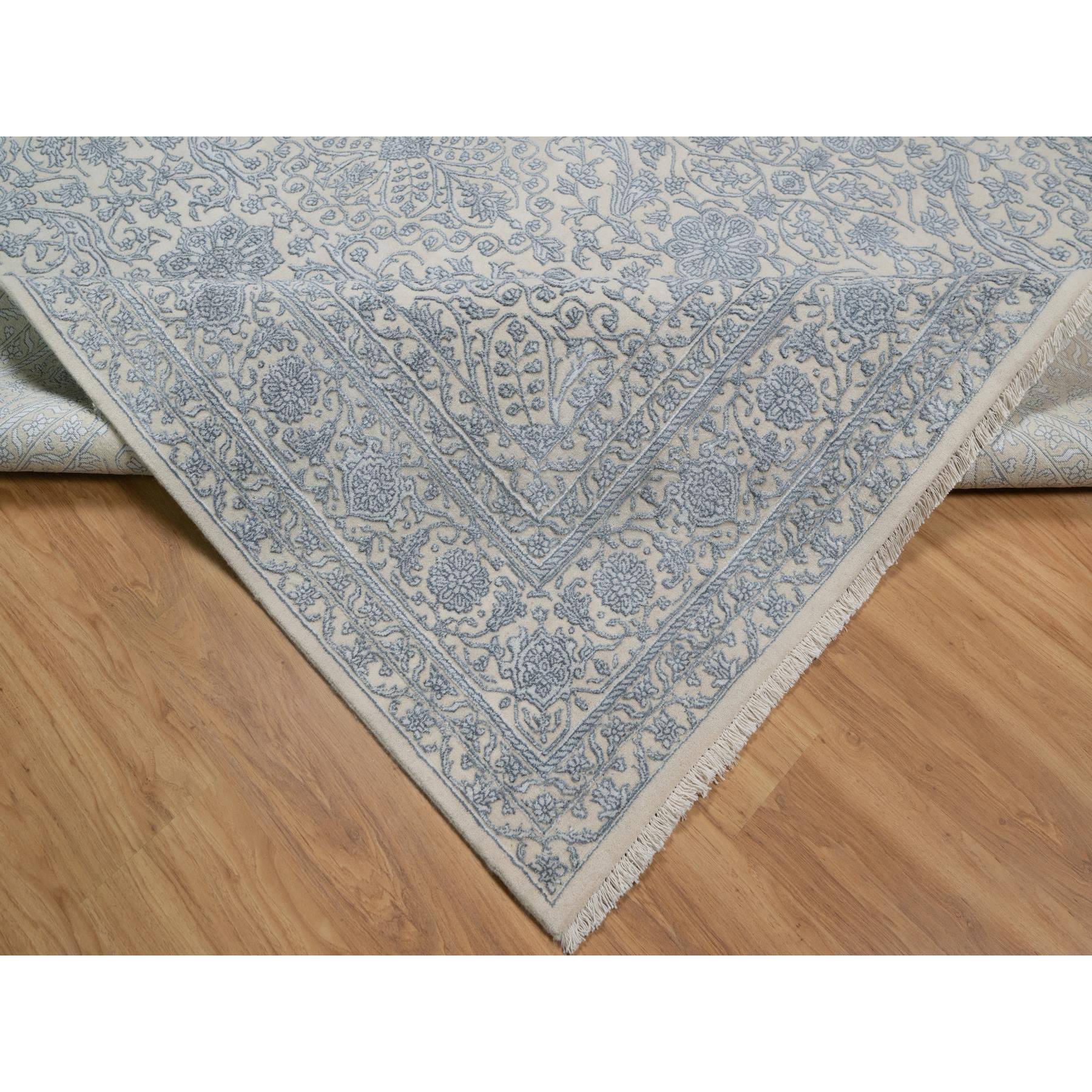 8'x10'2" Linen White, Light Tone on Tone with Persian Design, Wool and Plant Based Silk, Thick and Plush, 200 KPSI, Hand Knotted, Oriental Rug Sh91352